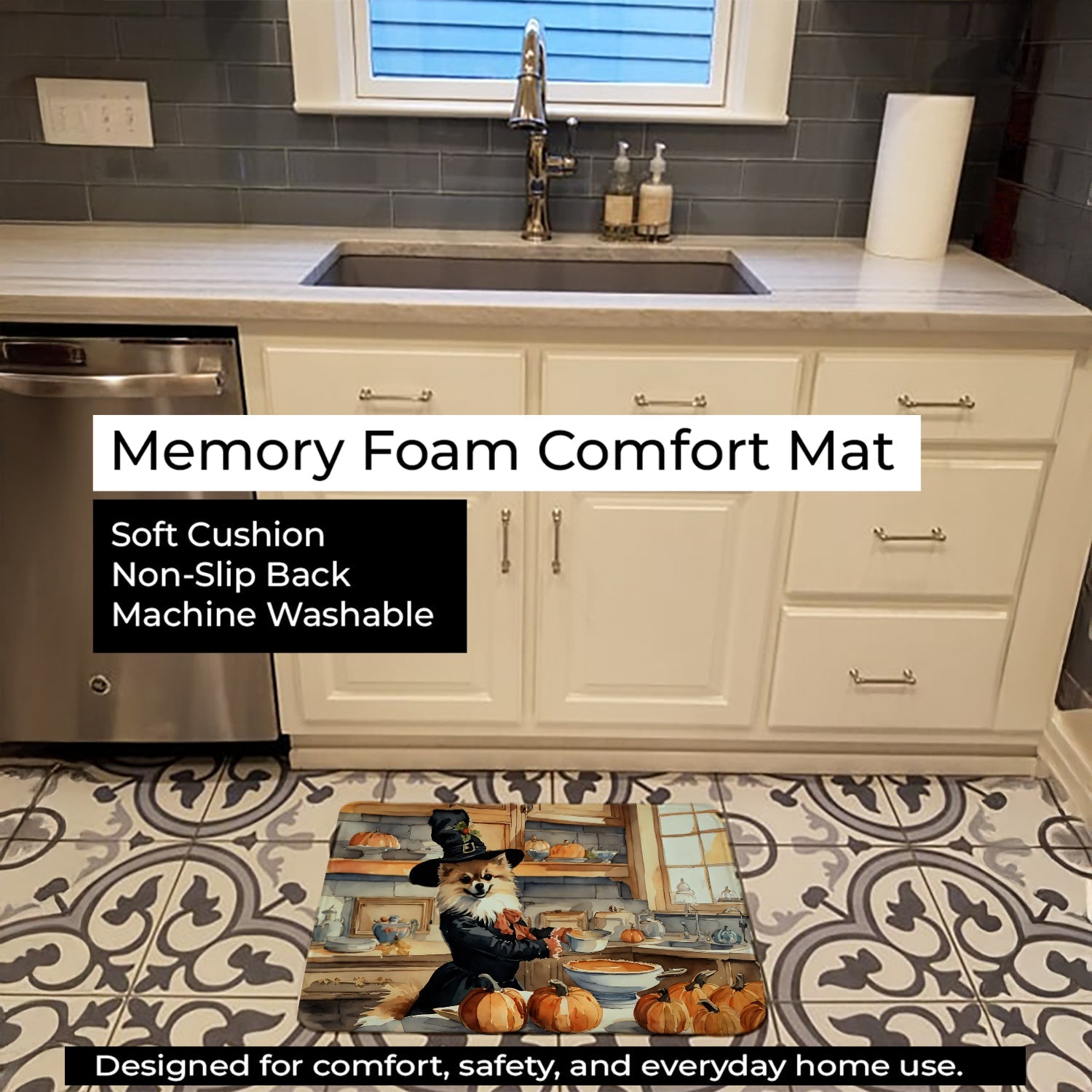 Pomeranian Fall Kitchen Pumpkins Memory Foam Kitchen Mat Machine Washable Anti-Fatigue Cushion Comfort Bath or Kitchen Rug