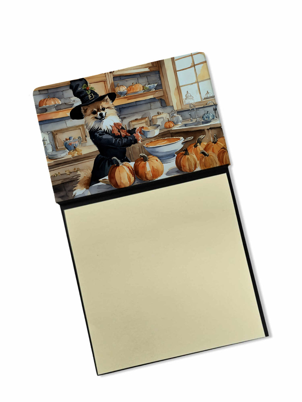 Pomeranian Fall Kitchen Pumpkins Watercolor Sticky Note Holder Refillable Dispenser Desk Accessory 3x3 Pad Gift