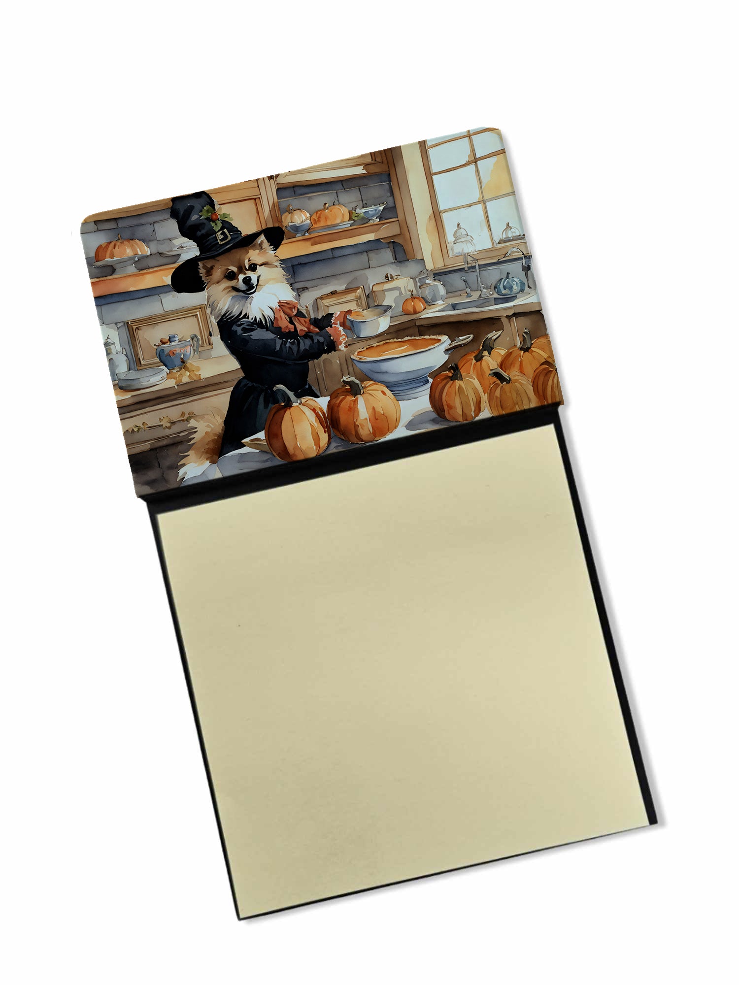 Pomeranian Fall Kitchen Pumpkins Watercolor Sticky Note Holder Refillable Dispenser Desk Accessory 3x3 Pad Gift