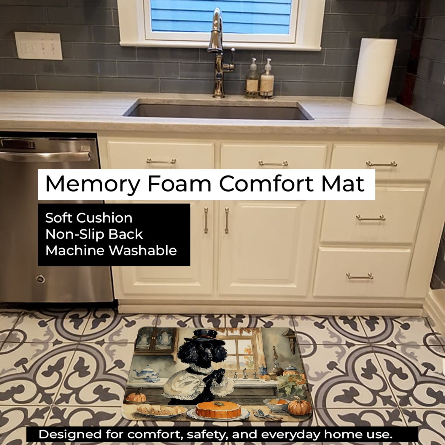 Poodle Fall Kitchen Pumpkins Memory Foam Kitchen Mat Machine Washable Anti-Fatigue Cushion Comfort Bath or Kitchen Rug