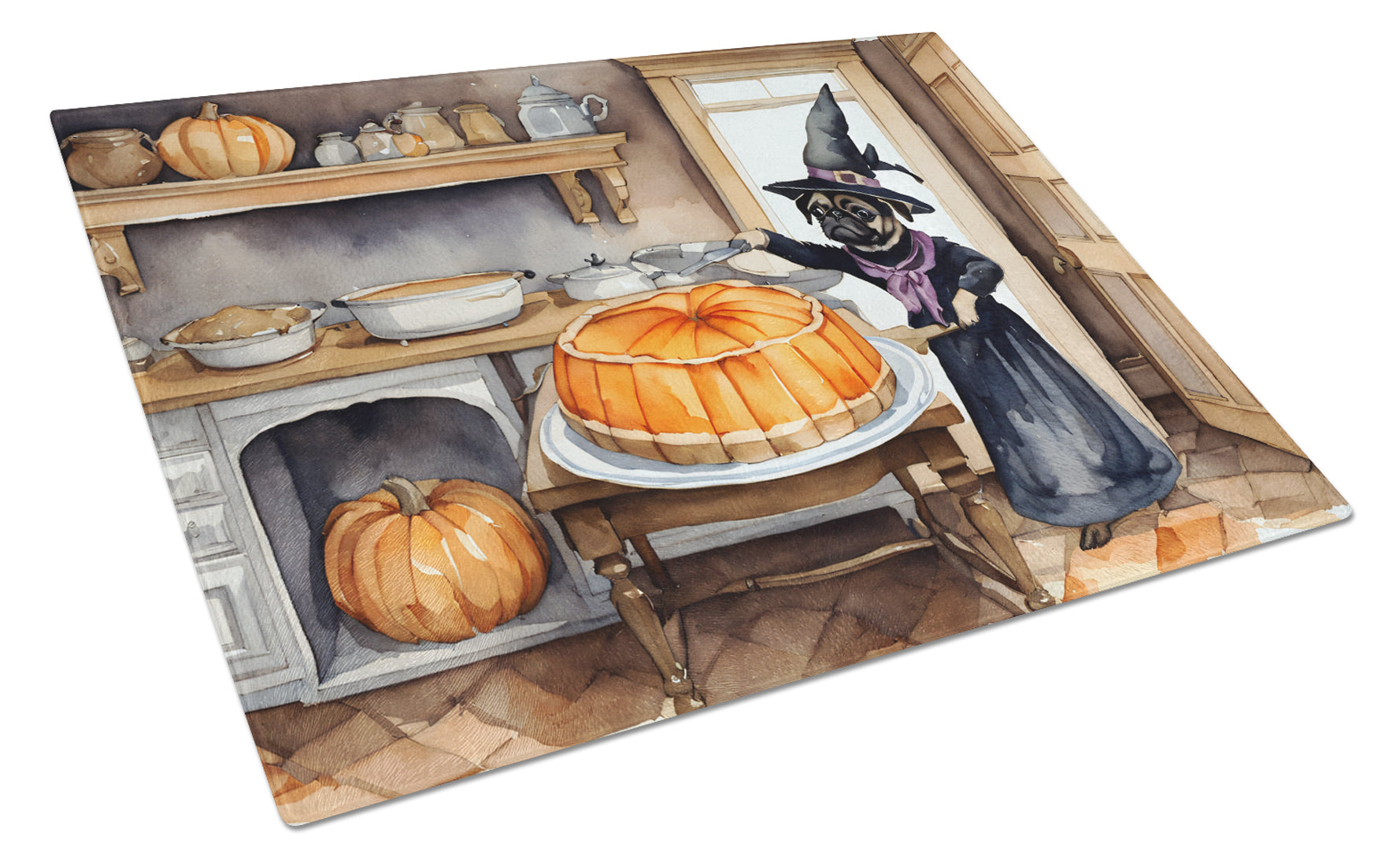 Pug Fall Kitchen Pumpkins Cutting Board Tempered Glass Kitchen Cutting Surface, Heat Resistant Chopping, Non-Slip Feet, Food Prep & Serving