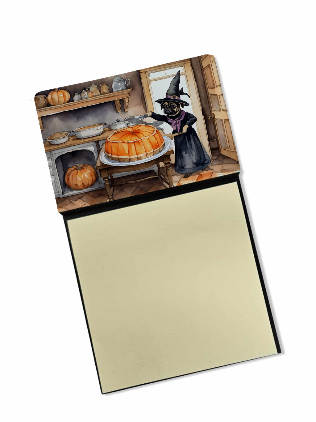 Pug Fall Kitchen Pumpkins Watercolor Sticky Note Holder Refillable Dispenser Desk Accessory 3x3 Pad Gift