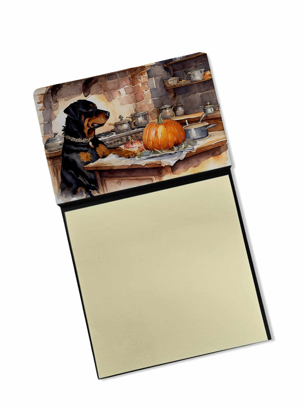 Rottweiler Fall Kitchen Pumpkins Watercolor Sticky Note Holder Refillable Dispenser Desk Accessory 3x3 Pad Gift