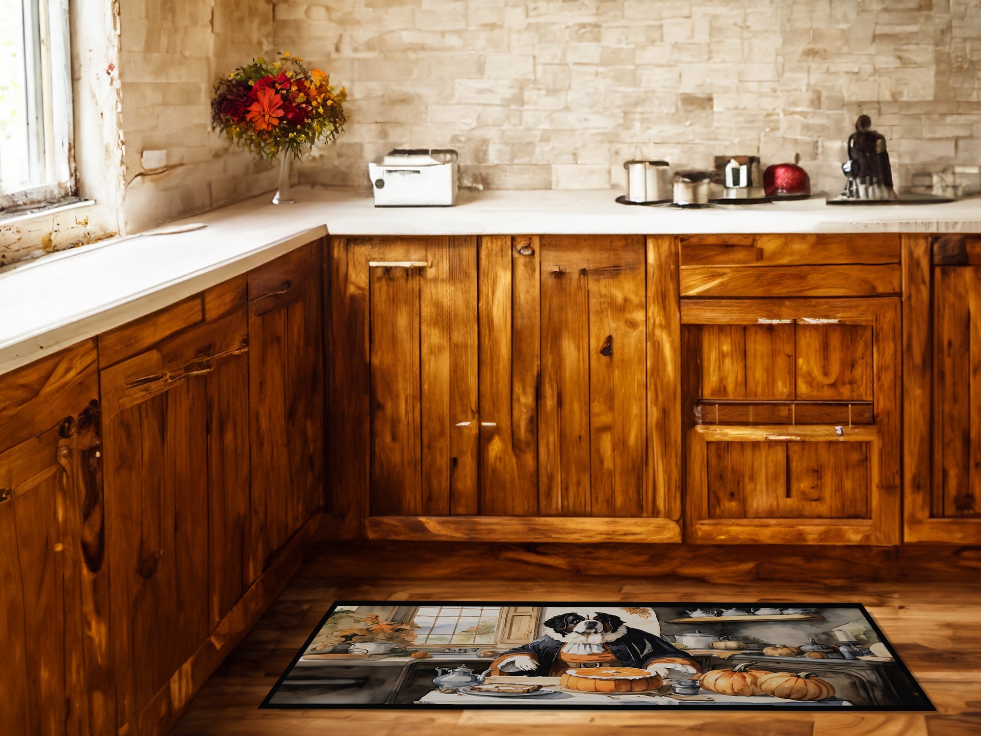 Saint Bernard Fall Kitchen Pumpkins Runner Mat 28x58 Front Door Mat Indoor Outdoor Rugs for Entryway Hallway Foyer Non Slip Washable Wide Doormat