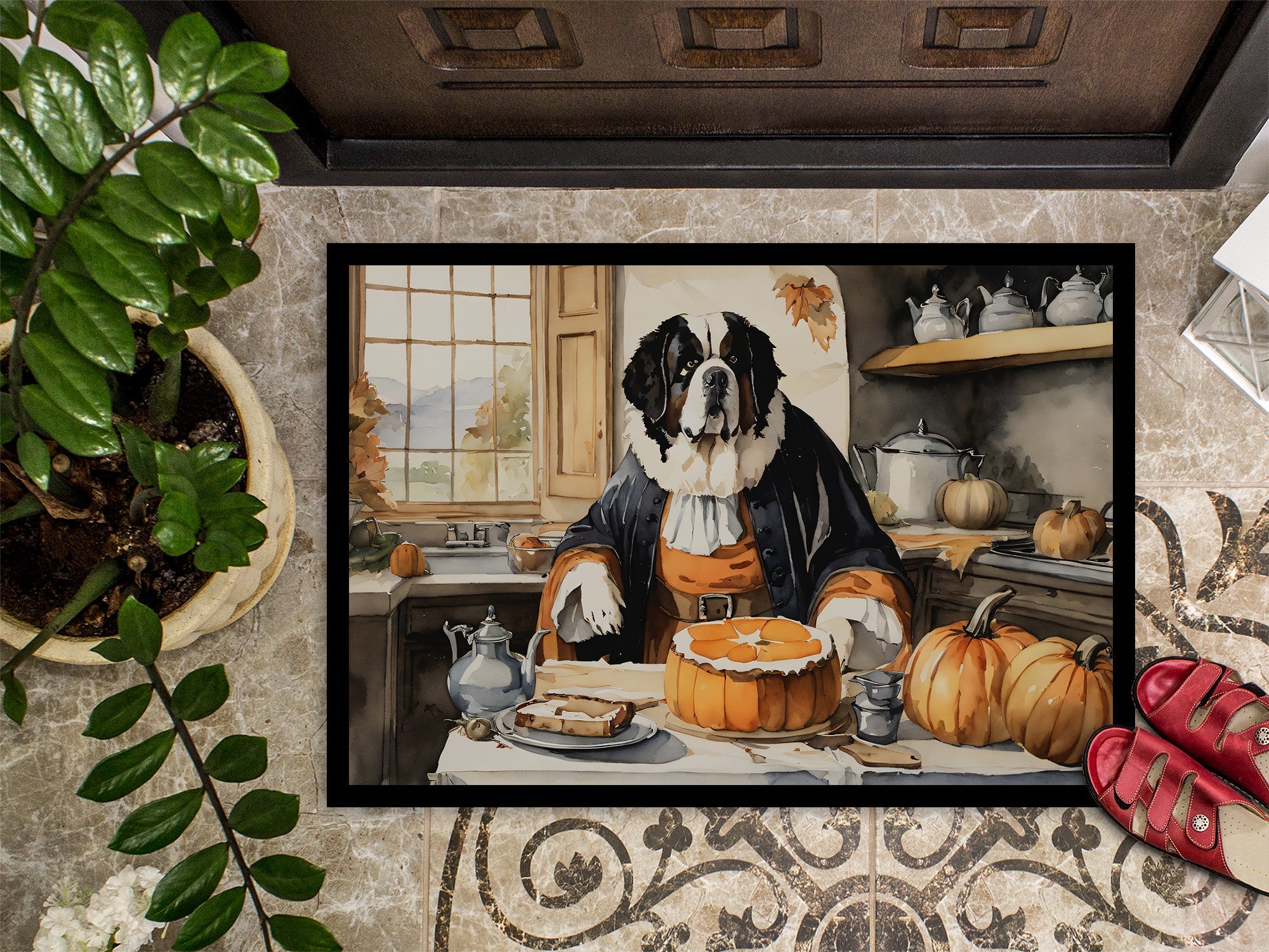 Saint Bernard Fall Kitchen Pumpkins Doormat Indoor Outdoor 24H X 36W Front Door Mat Rugs for Entryway, Non Slip Washable Low Pile,