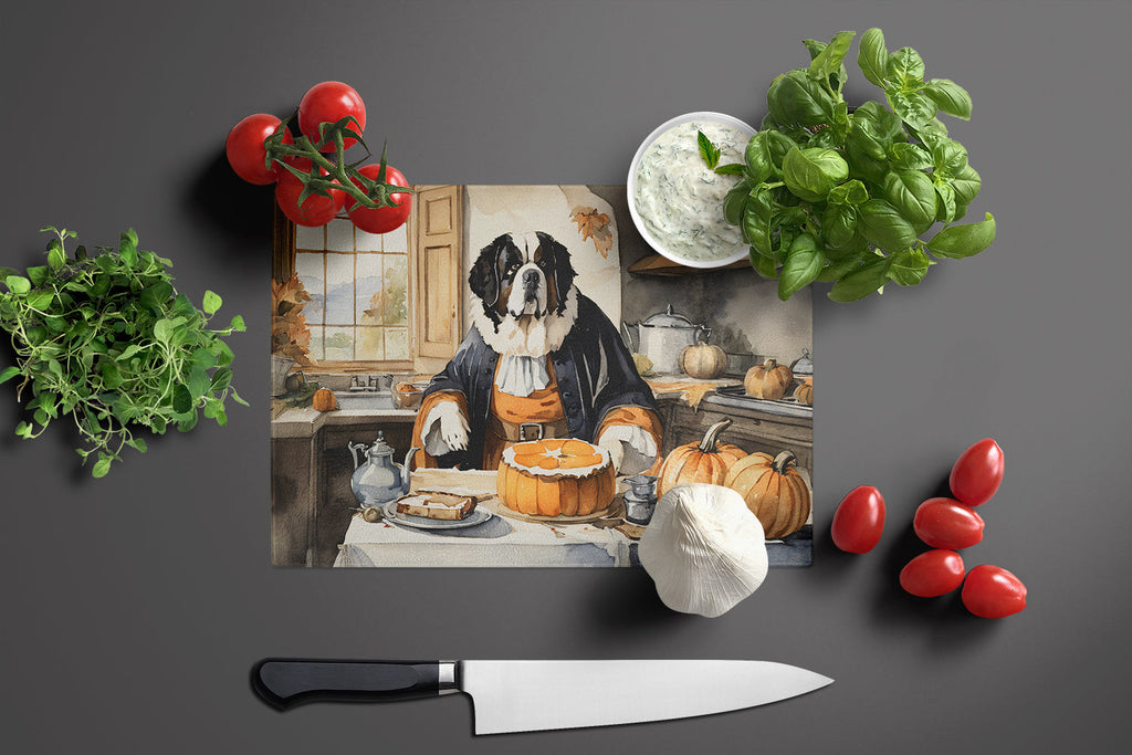 Saint Bernard Fall Kitchen Pumpkins Cutting Board Tempered Glass Kitchen Cutting Surface, Heat Resistant Chopping, Non-Slip Feet, Food Prep & Serving
