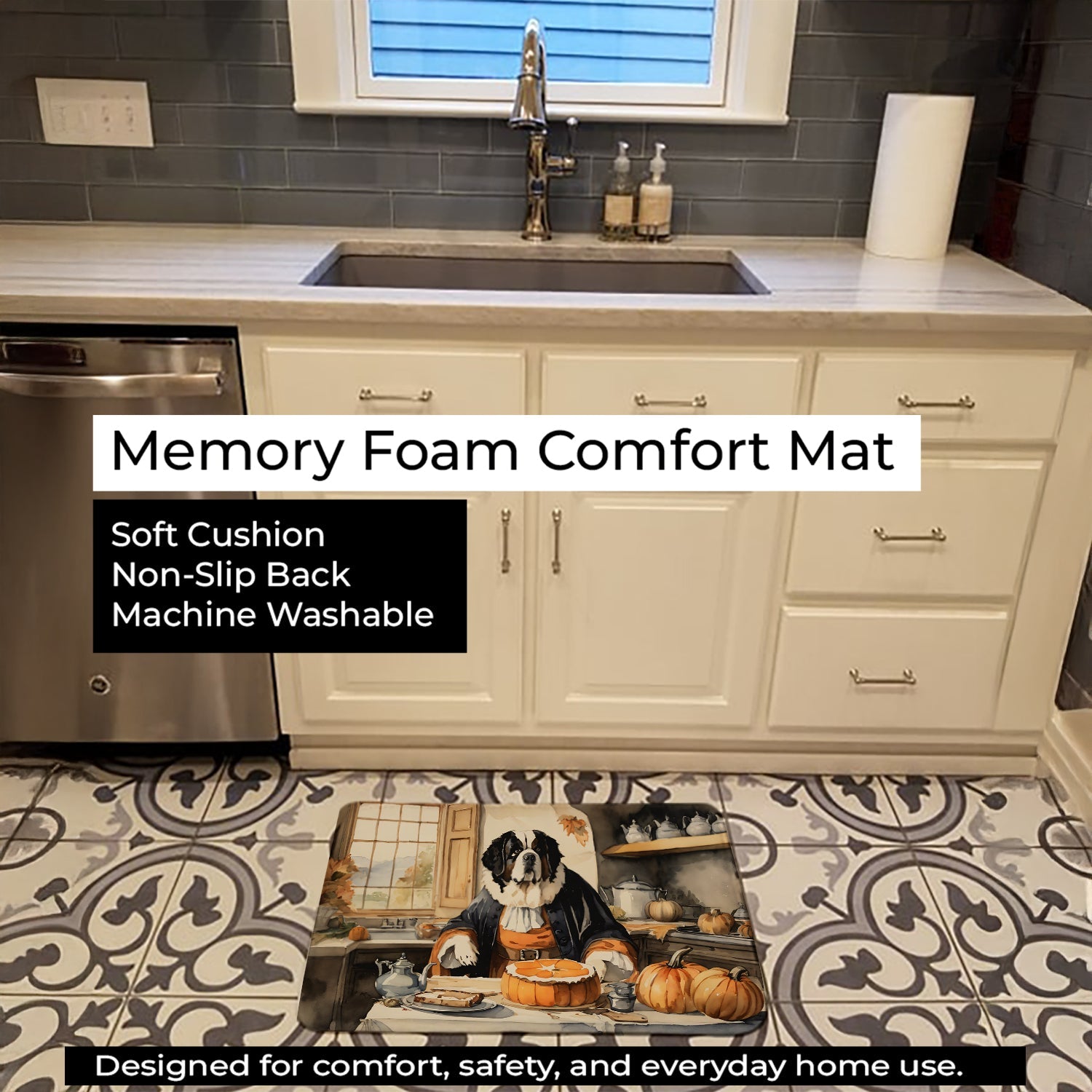 Saint Bernard Fall Kitchen Pumpkins Memory Foam Kitchen Mat Machine Washable Anti-Fatigue Cushion Comfort Bath or Kitchen Rug