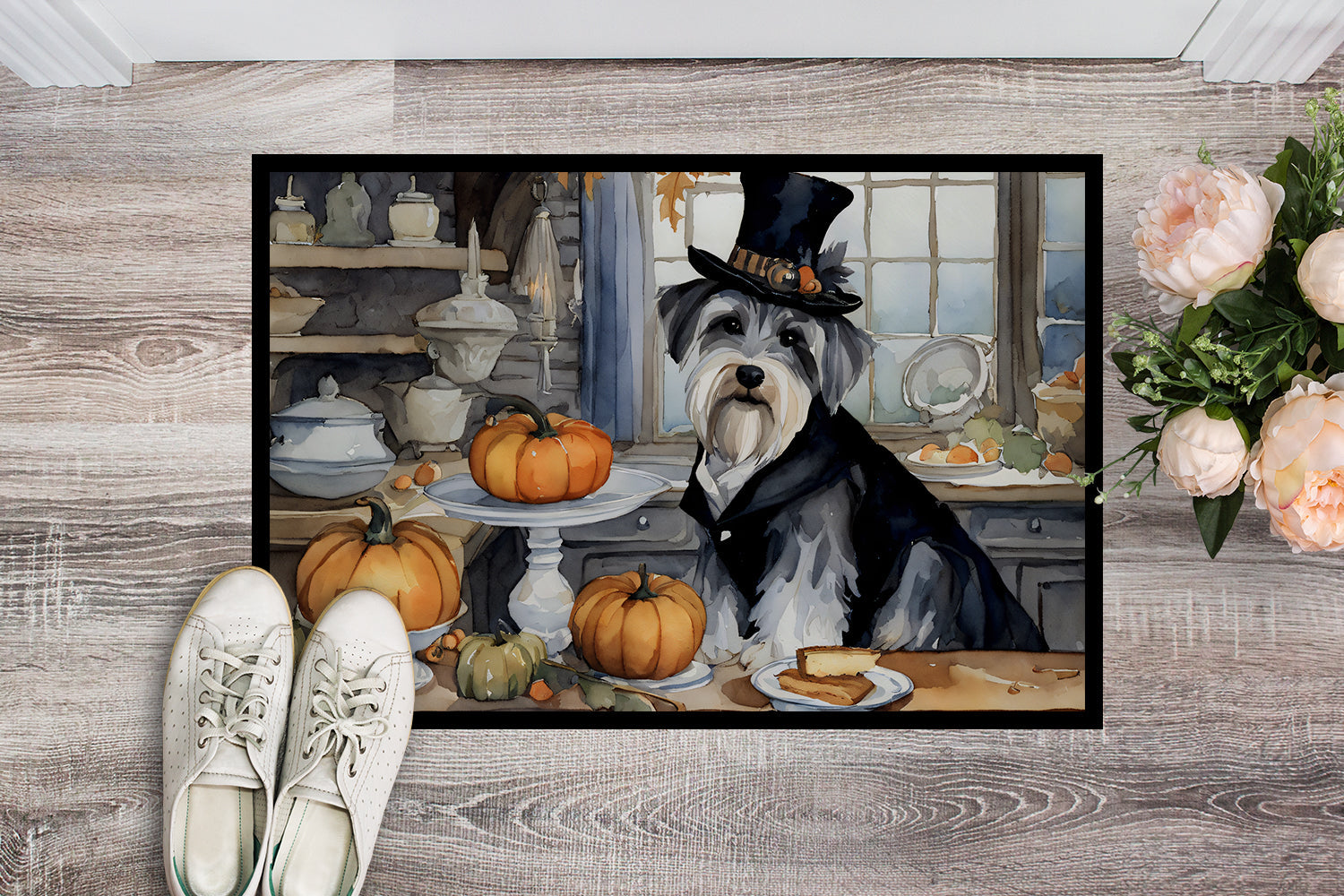 Schnauzer Fall Kitchen Pumpkins Doormat Indoor Outdoor 18H X 27W Front Door Mat Rugs for Entryway, Non Slip Washable