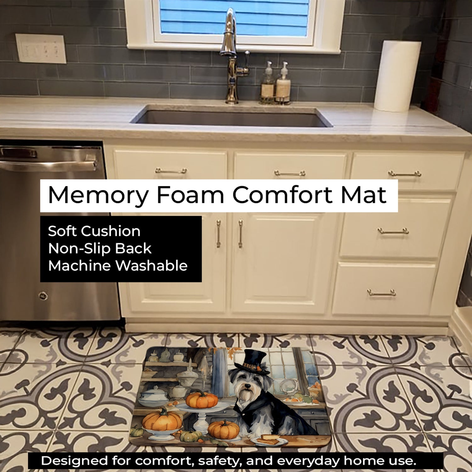 Schnauzer Fall Kitchen Pumpkins Memory Foam Kitchen Mat Machine Washable Anti-Fatigue Cushion Comfort Bath or Kitchen Rug