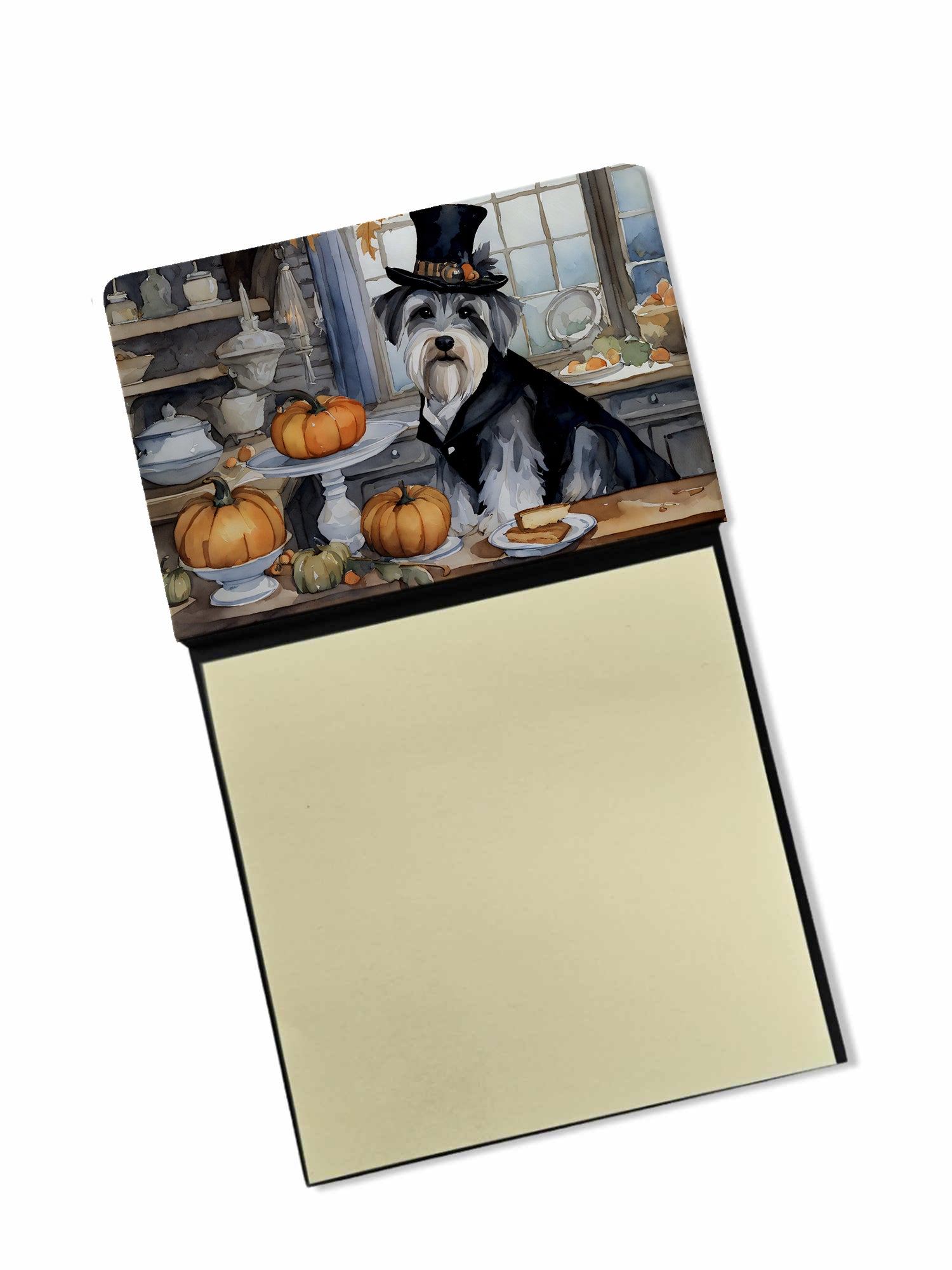 Schnauzer Fall Kitchen Pumpkins Watercolor Sticky Note Holder Refillable Dispenser Desk Accessory 3x3 Pad Gift