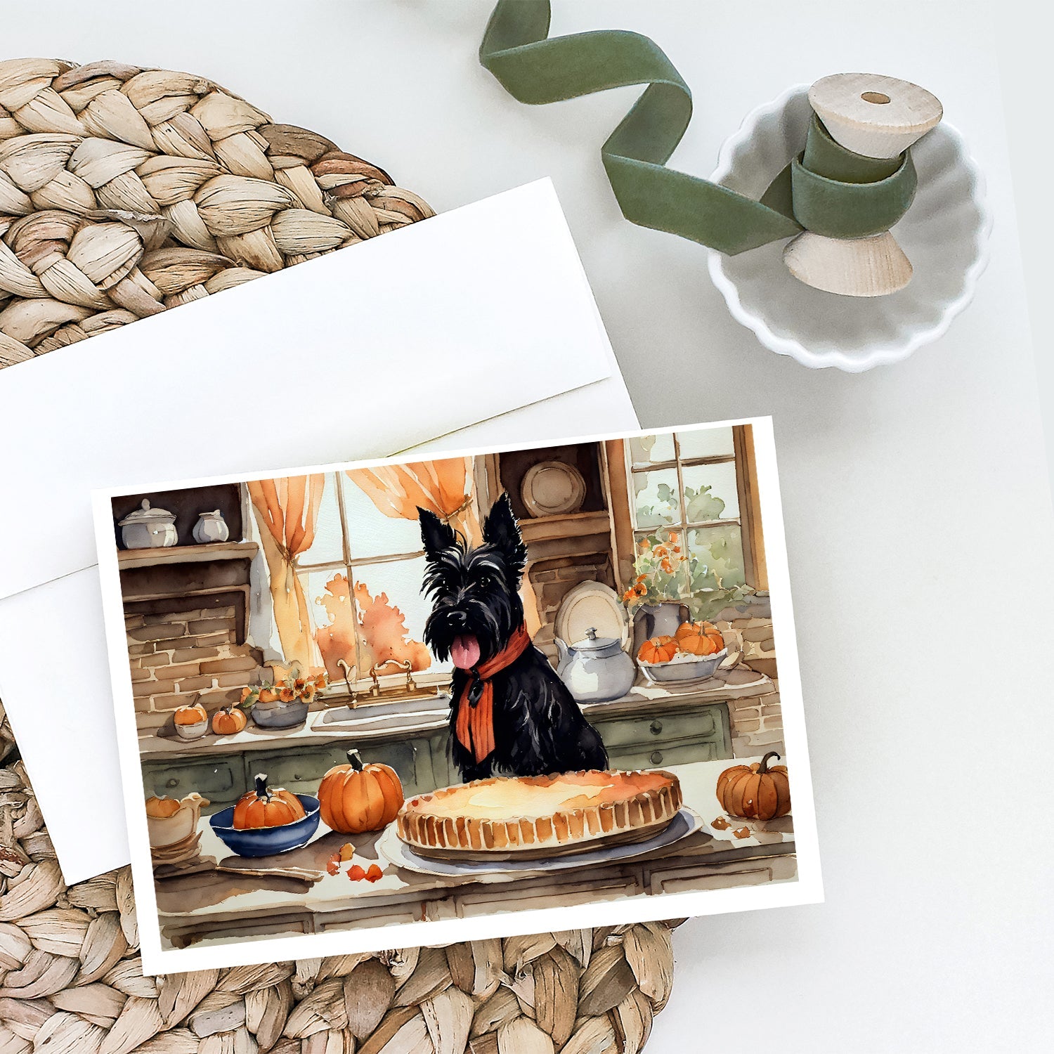 Scottish Terrier Fall Kitchen Pumpkins Greeting Cards Pack of 8 Blank Cards with Envelopes Whimsical A7 Size 5x7