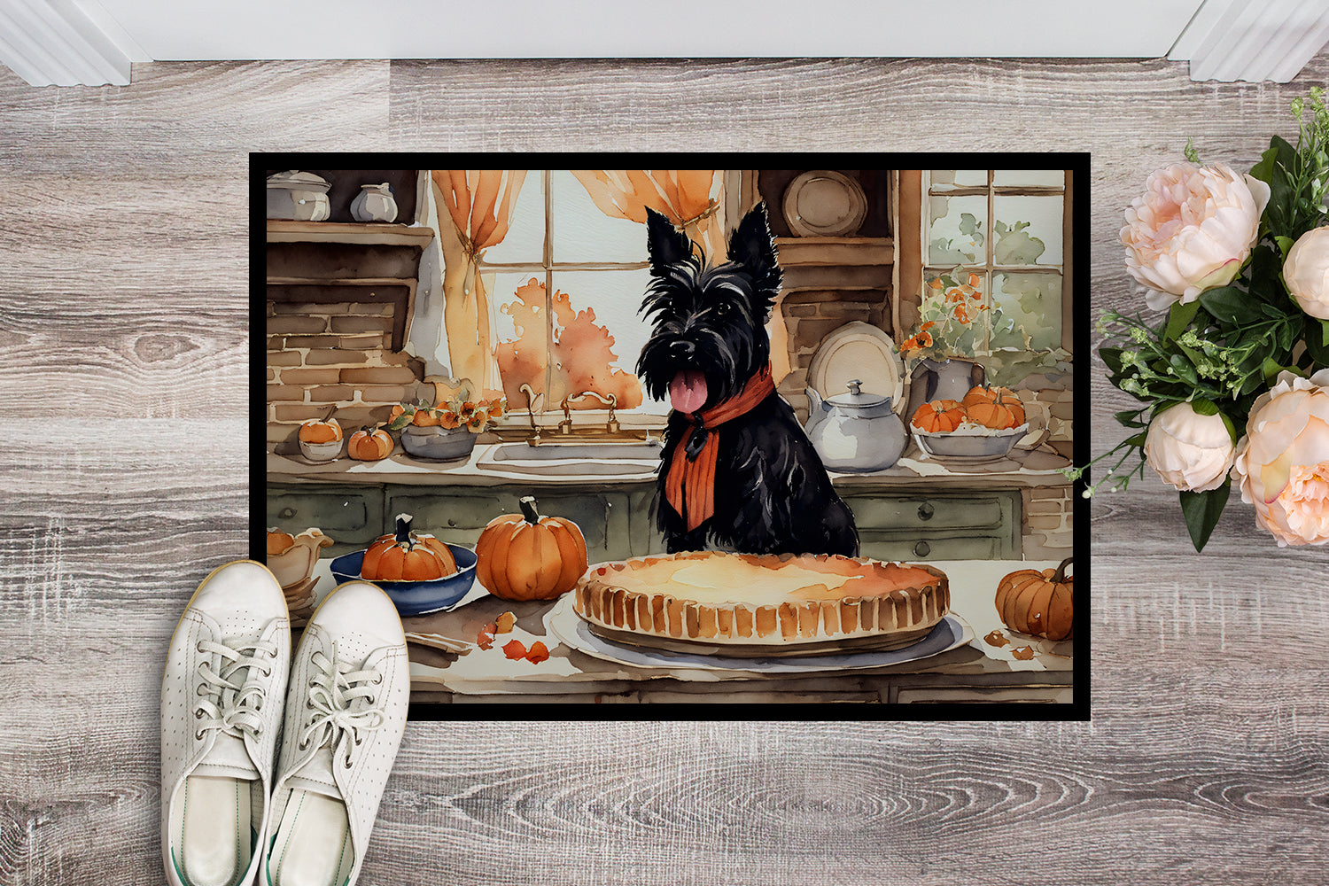Scottish Terrier Fall Kitchen Pumpkins Doormat Indoor Outdoor 24H X 36W Front Door Mat Rugs for Entryway, Non Slip Washable Low Pile,