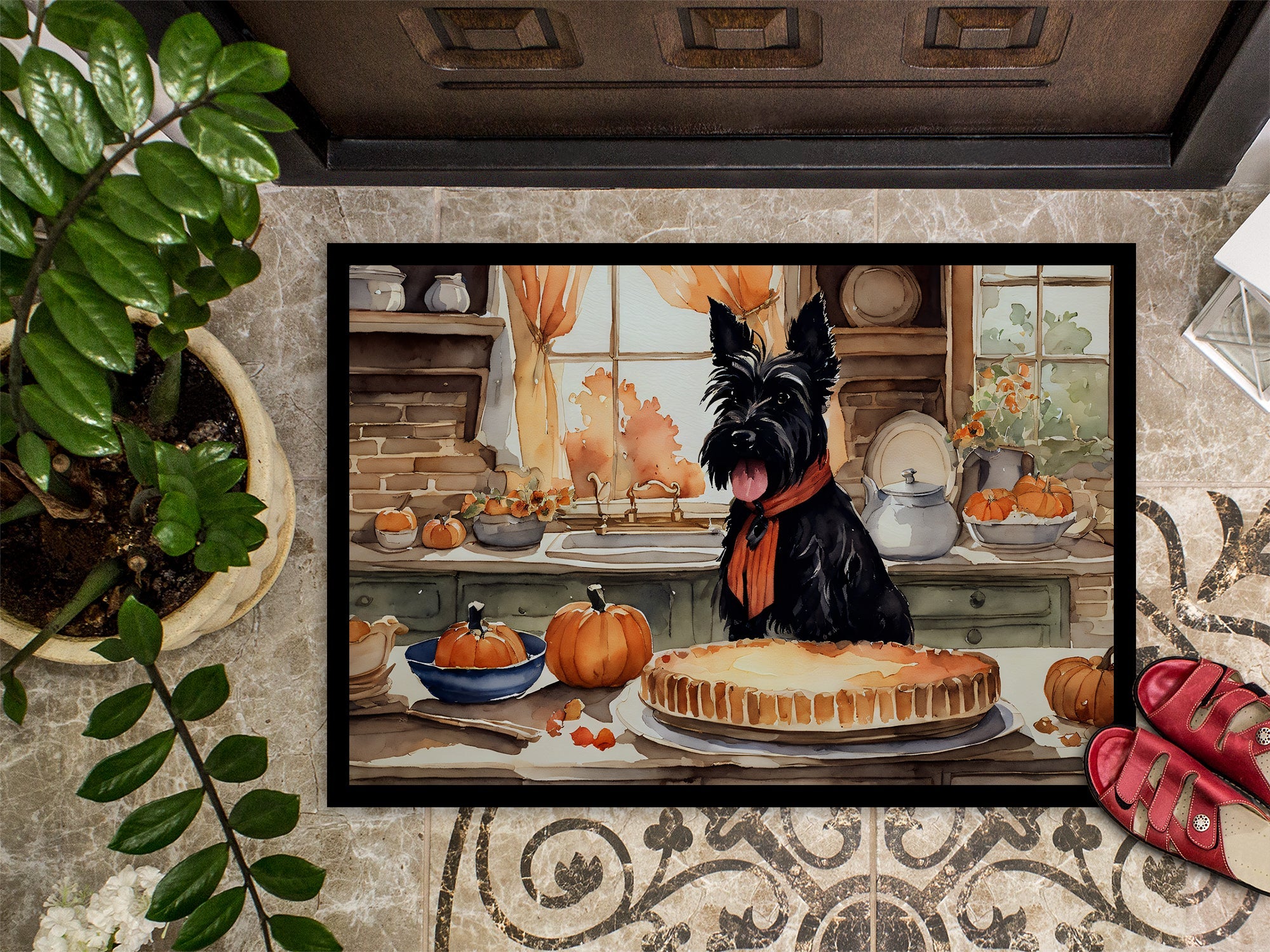 Scottish Terrier Fall Kitchen Pumpkins Doormat Indoor Outdoor 24H X 36W Front Door Mat Rugs for Entryway, Non Slip Washable Low Pile,