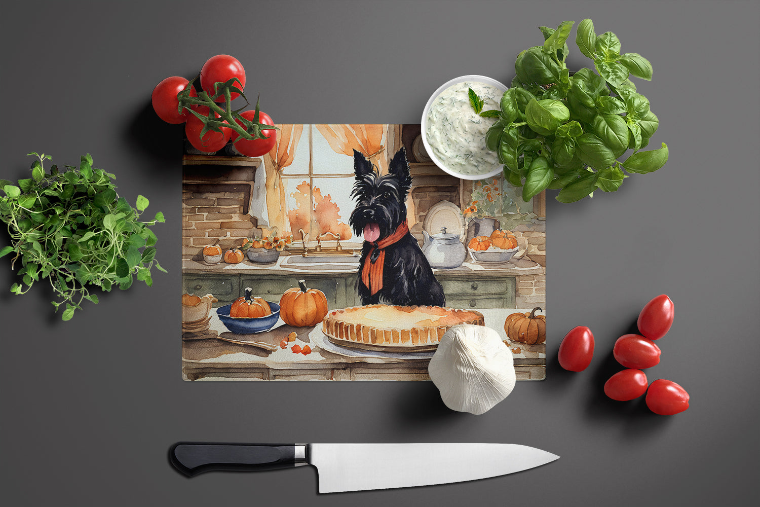 Scottish Terrier Fall Kitchen Pumpkins Cutting Board Tempered Glass Kitchen Cutting Surface, Heat Resistant Chopping, Non-Slip Feet, Food Prep & Serving