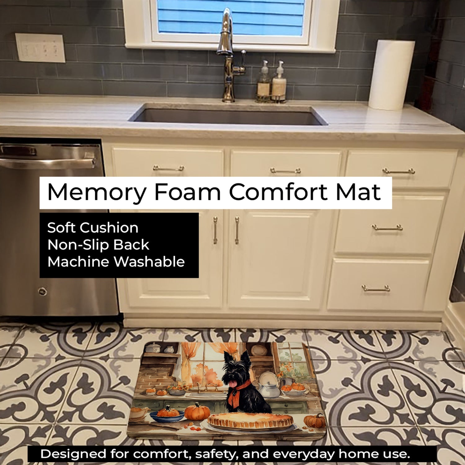Scottish Terrier Fall Kitchen Pumpkins Memory Foam Kitchen Mat Machine Washable Anti-Fatigue Cushion Comfort Bath or Kitchen Rug