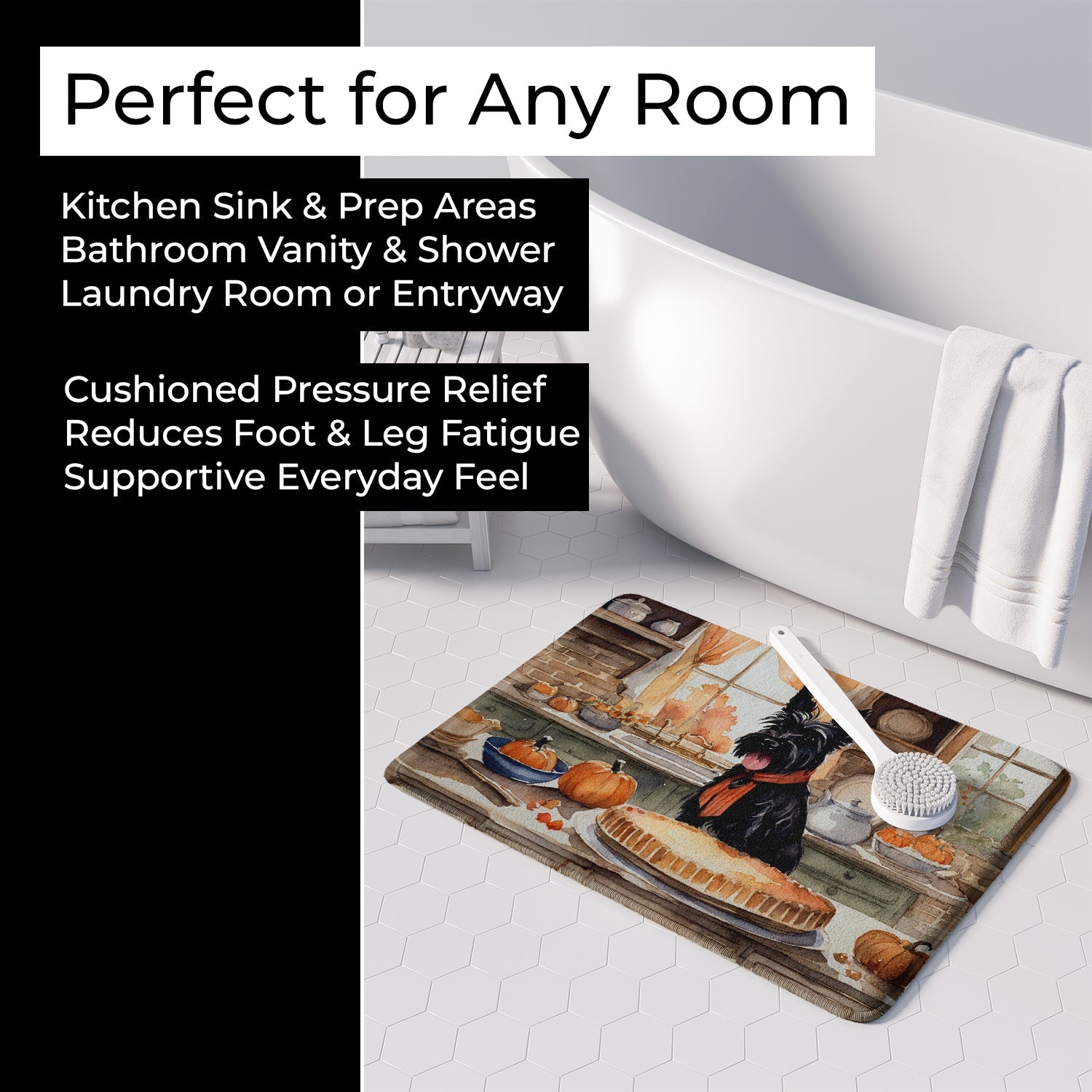 Scottish Terrier Fall Kitchen Pumpkins Memory Foam Kitchen Mat Machine Washable Anti-Fatigue Cushion Comfort Bath or Kitchen Rug