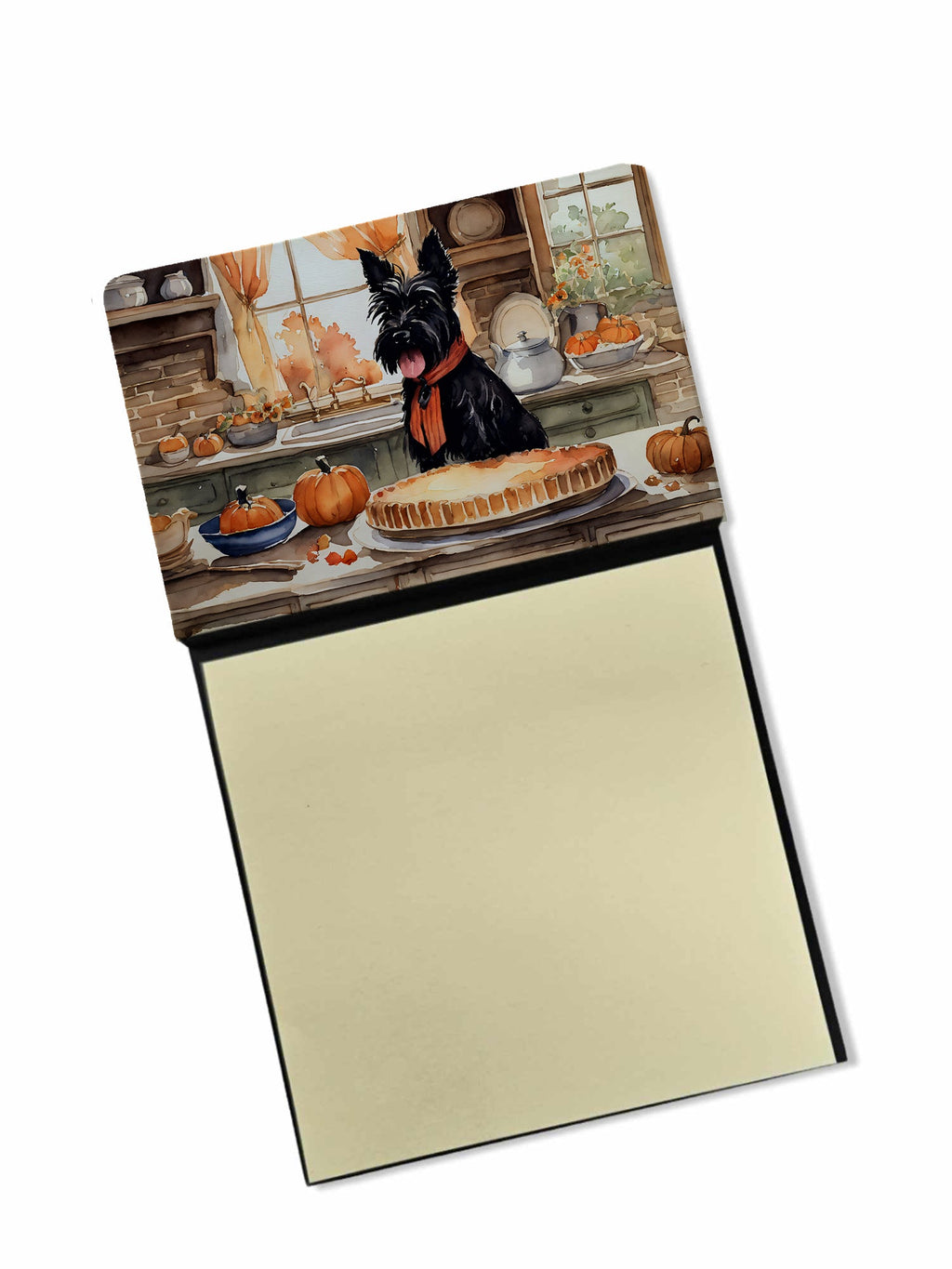 Scottish Terrier Fall Kitchen Pumpkins Watercolor Sticky Note Holder Refillable Dispenser Desk Accessory 3x3 Pad Gift