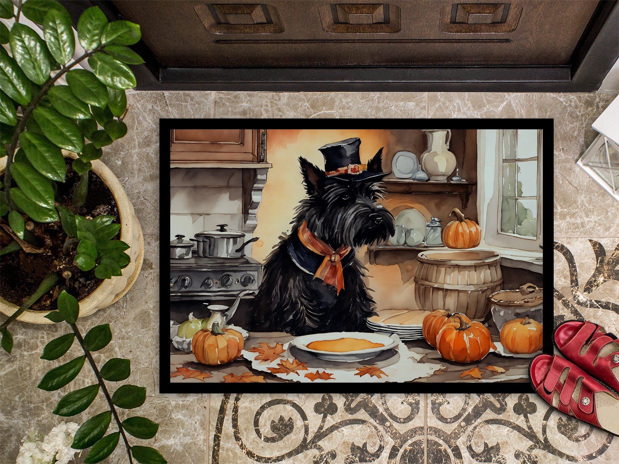 Scottish Terrier Fall Kitchen Pumpkins Doormat Indoor Outdoor 24H X 36W Front Door Mat Rugs for Entryway, Non Slip Washable Low Pile,