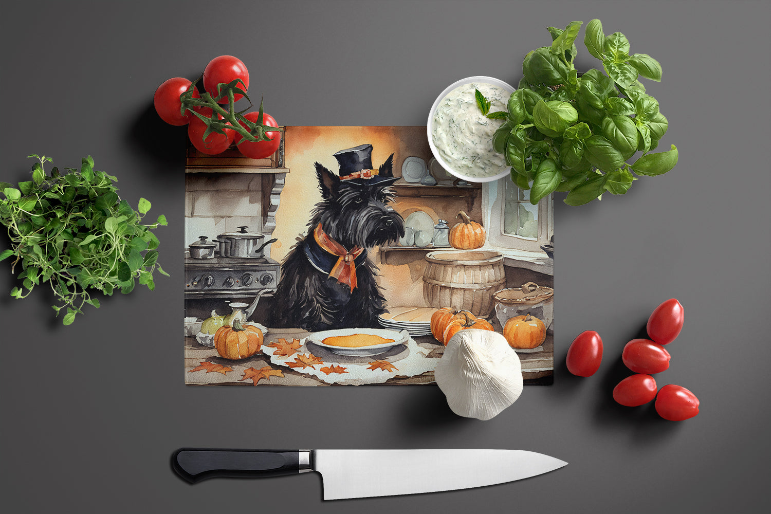 Scottish Terrier Fall Kitchen Pumpkins Cutting Board Tempered Glass Kitchen Cutting Surface, Heat Resistant Chopping, Non-Slip Feet, Food Prep & Serving
