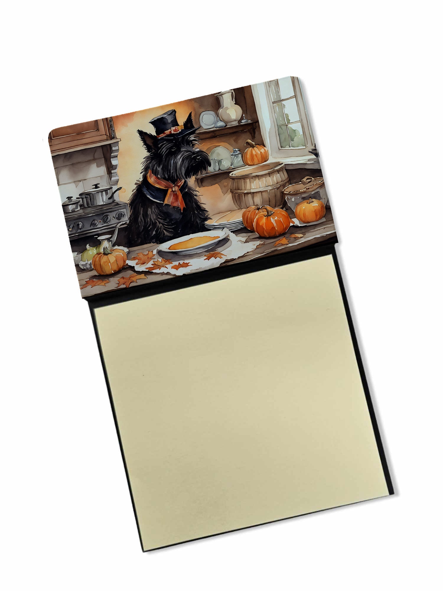 Scottish Terrier Fall Kitchen Pumpkins Watercolor Sticky Note Holder Refillable Dispenser Desk Accessory 3x3 Pad Gift