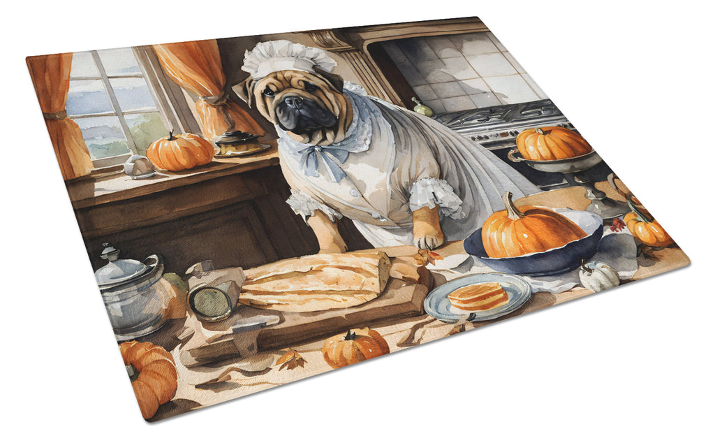 Shar Pei Fall Kitchen Pumpkins Cutting Board Tempered Glass Kitchen Cutting Surface, Heat Resistant Chopping, Non-Slip Feet, Food Prep & Serving