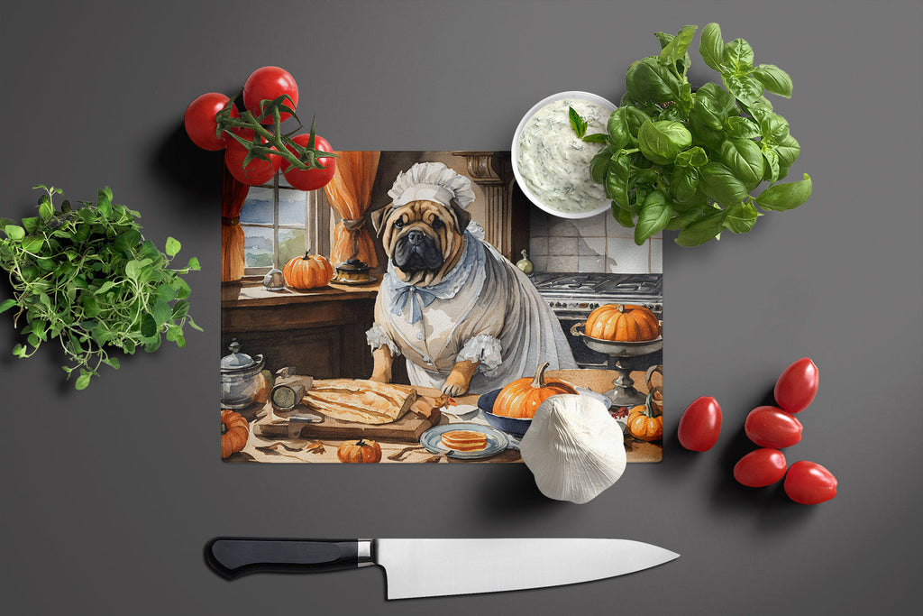 Shar Pei Fall Kitchen Pumpkins Cutting Board Tempered Glass Kitchen Cutting Surface, Heat Resistant Chopping, Non-Slip Feet, Food Prep & Serving