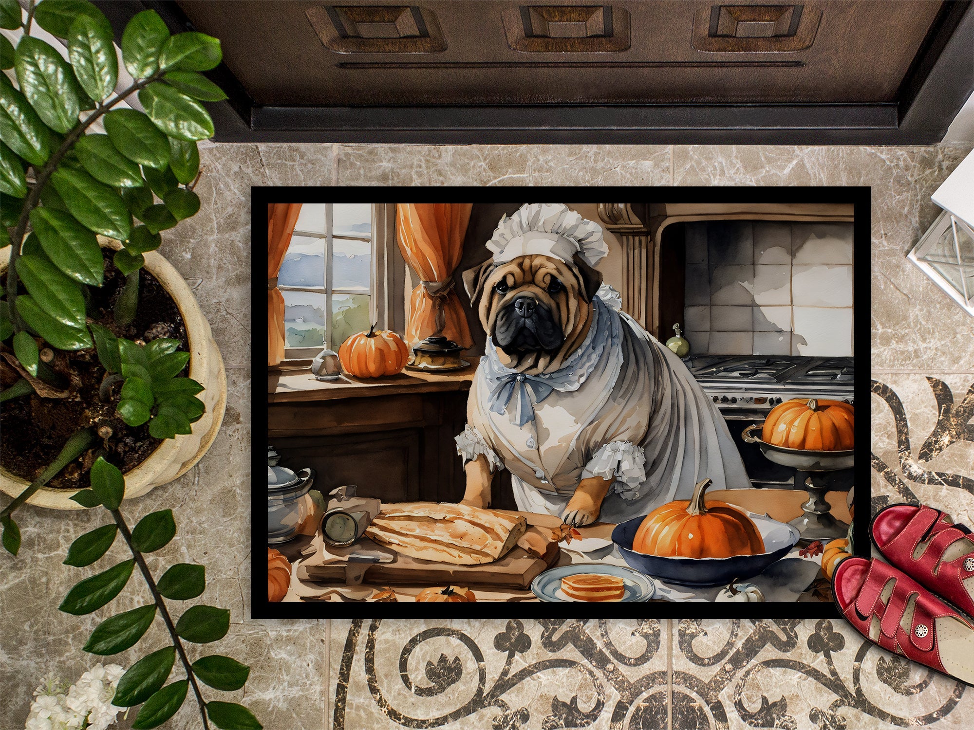 Shar Pei Fall Kitchen Pumpkins Doormat Indoor Outdoor 18H X 27W Front Door Mat Rugs for Entryway, Non Slip Washable