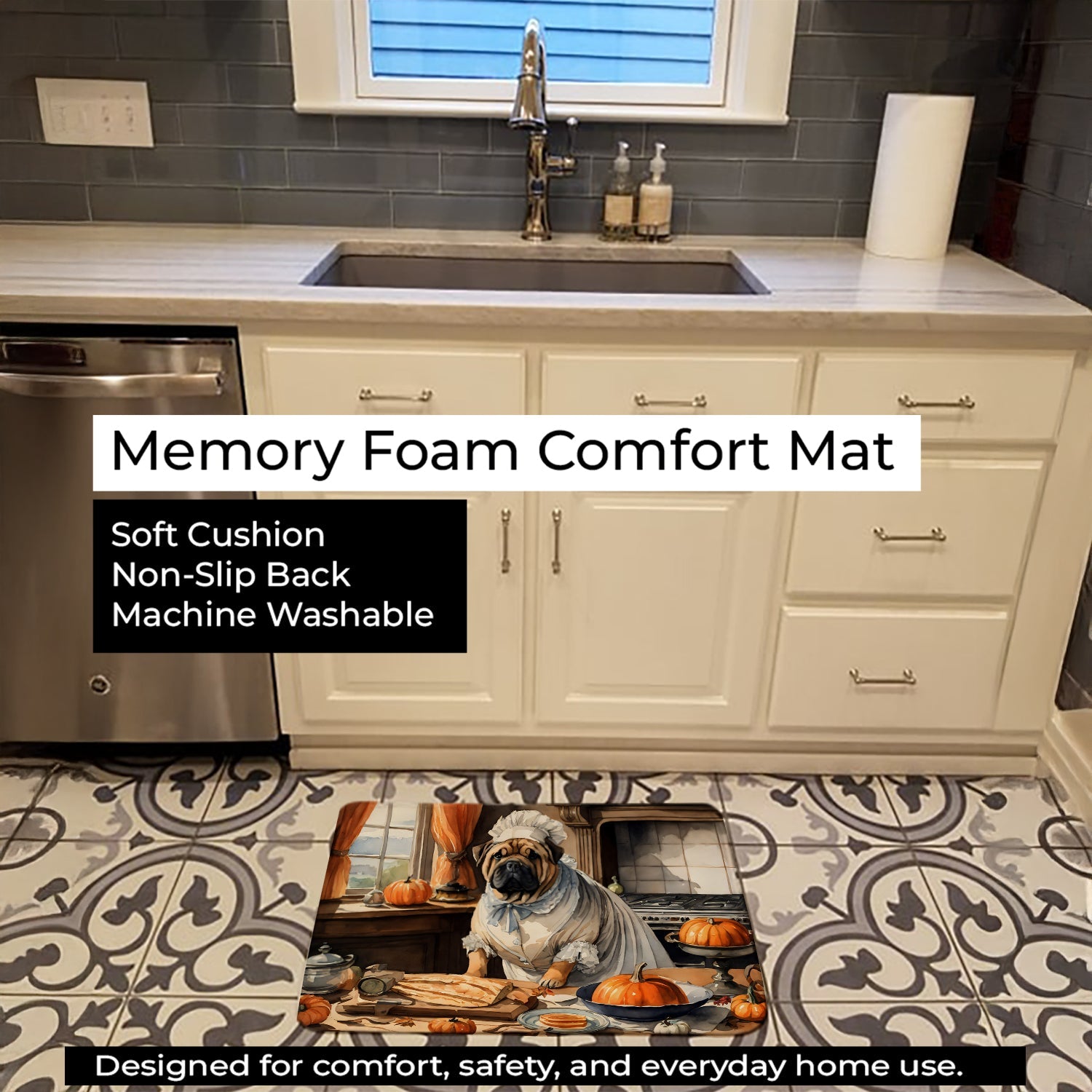 Shar Pei Fall Kitchen Pumpkins Memory Foam Kitchen Mat Machine Washable Anti-Fatigue Cushion Comfort Bath or Kitchen Rug