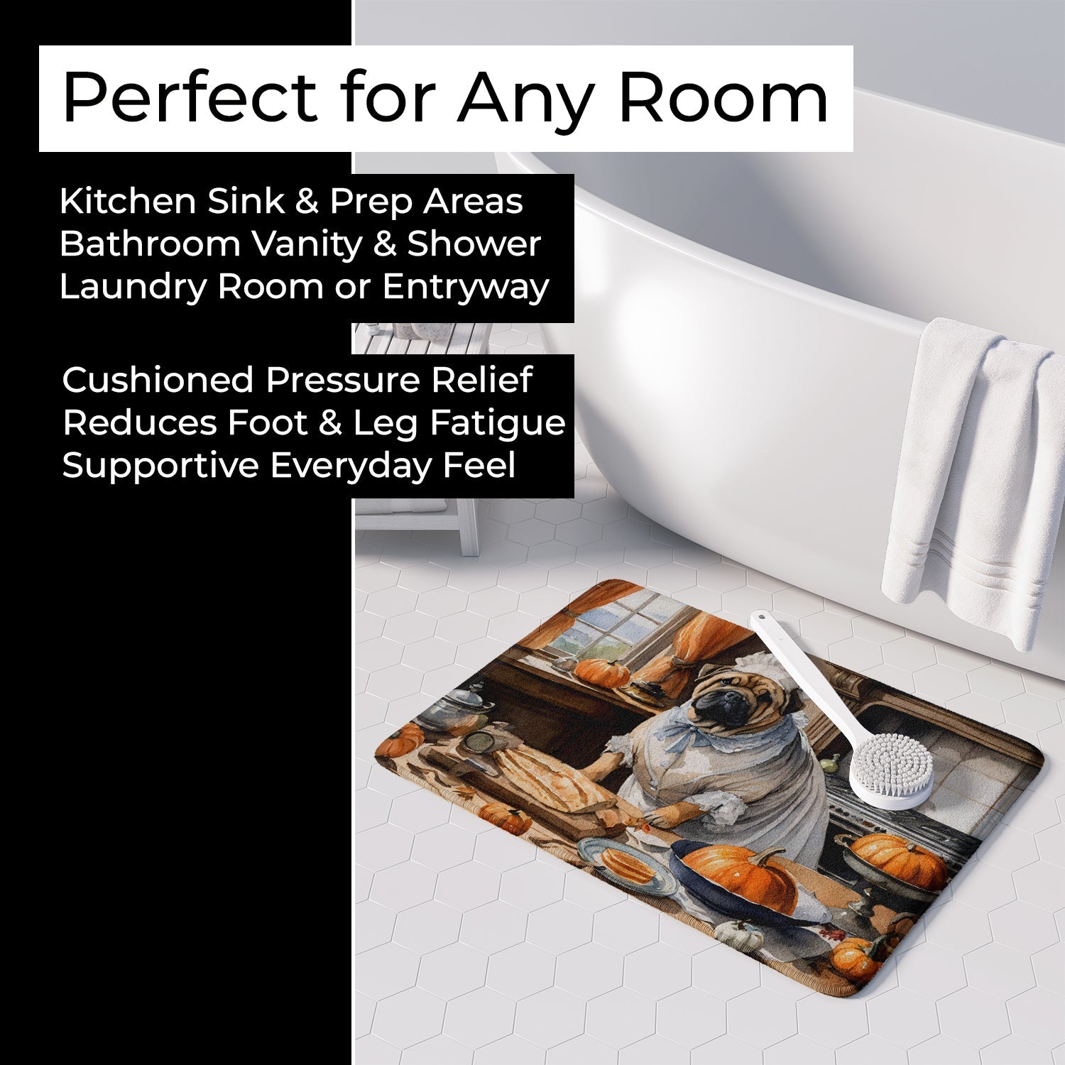 Shar Pei Fall Kitchen Pumpkins Memory Foam Kitchen Mat Machine Washable Anti-Fatigue Cushion Comfort Bath or Kitchen Rug