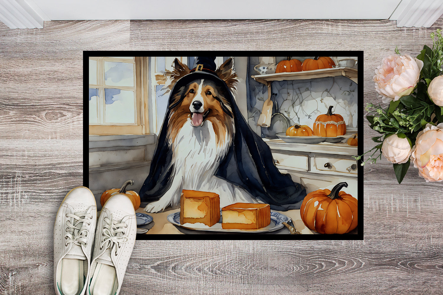Sheltie Fall Kitchen Pumpkins Doormat Indoor Outdoor 24H X 36W Front Door Mat Rugs for Entryway, Non Slip Washable Low Pile,