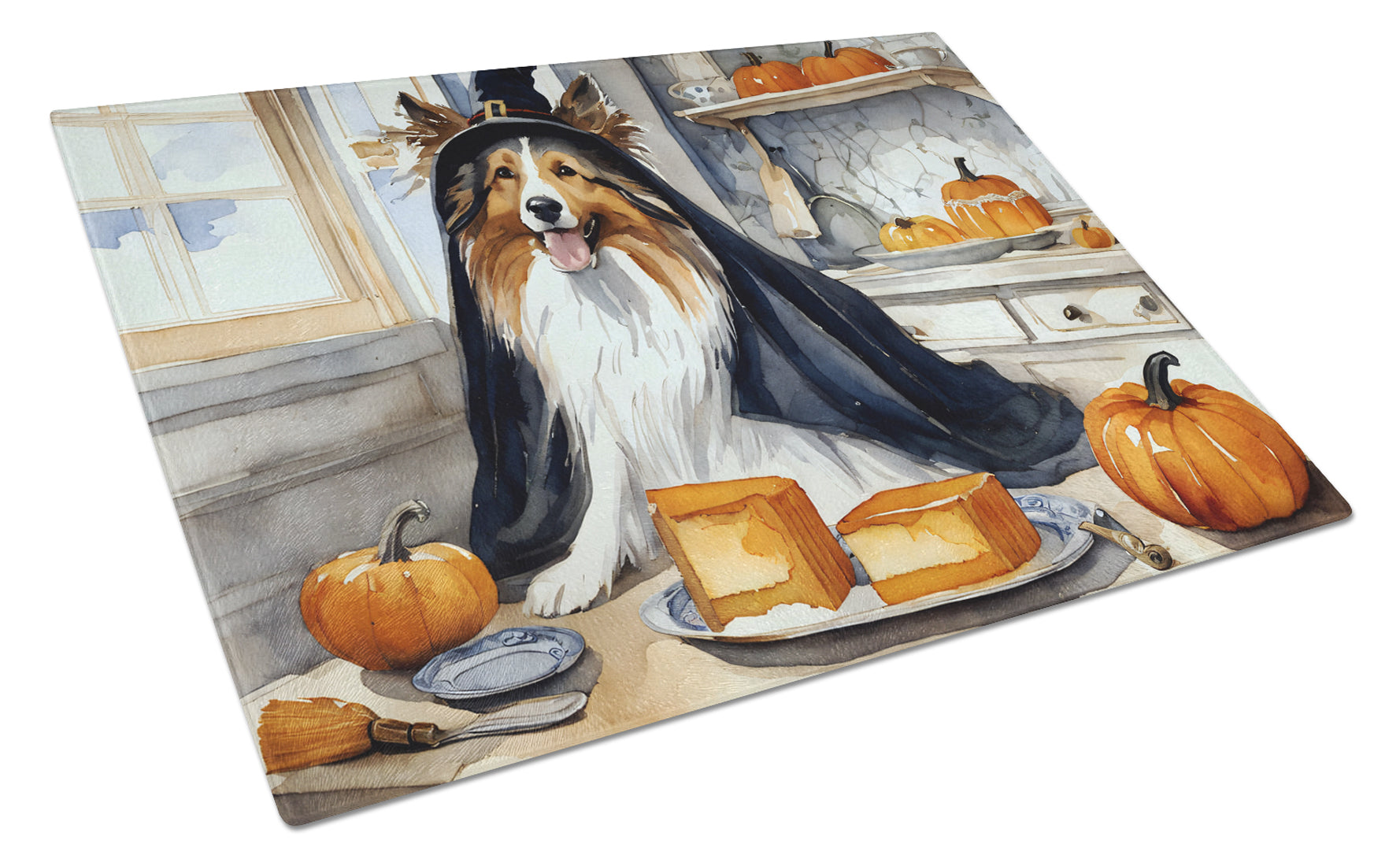 Sheltie Fall Kitchen Pumpkins Cutting Board Tempered Glass Kitchen Cutting Surface, Heat Resistant Chopping, Non-Slip Feet, Food Prep & Serving