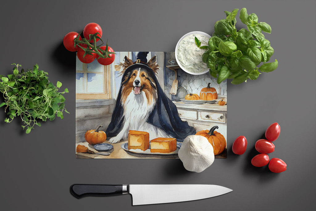 Sheltie Fall Kitchen Pumpkins Cutting Board Tempered Glass Kitchen Cutting Surface, Heat Resistant Chopping, Non-Slip Feet, Food Prep & Serving
