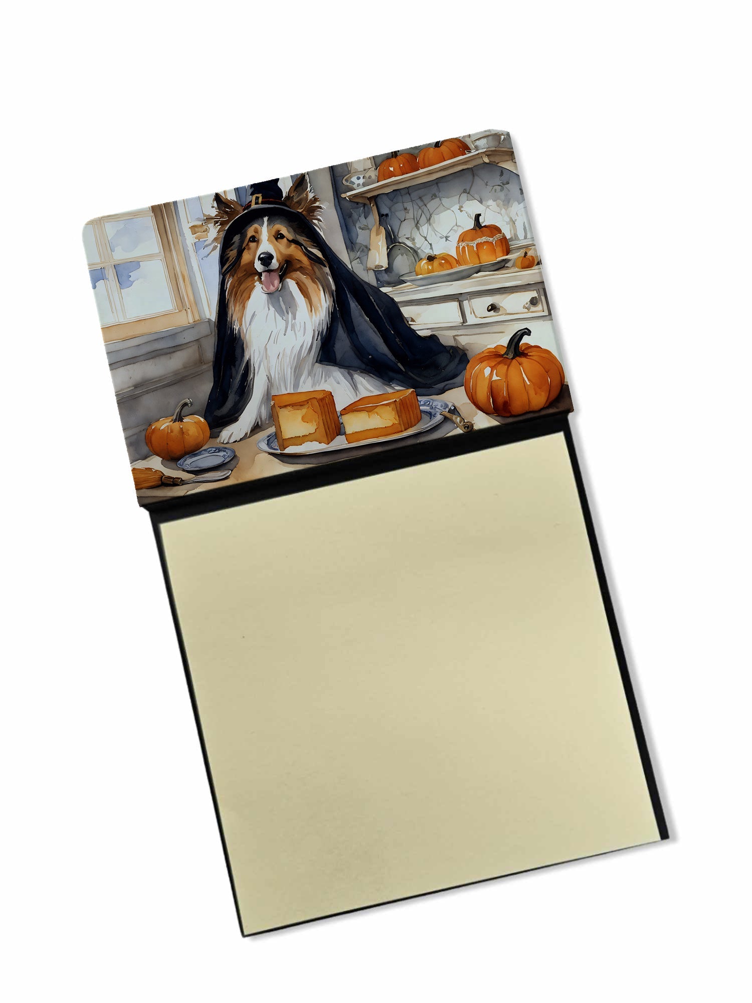 Sheltie Fall Kitchen Pumpkins Watercolor Sticky Note Holder Refillable Dispenser Desk Accessory 3x3 Pad Gift