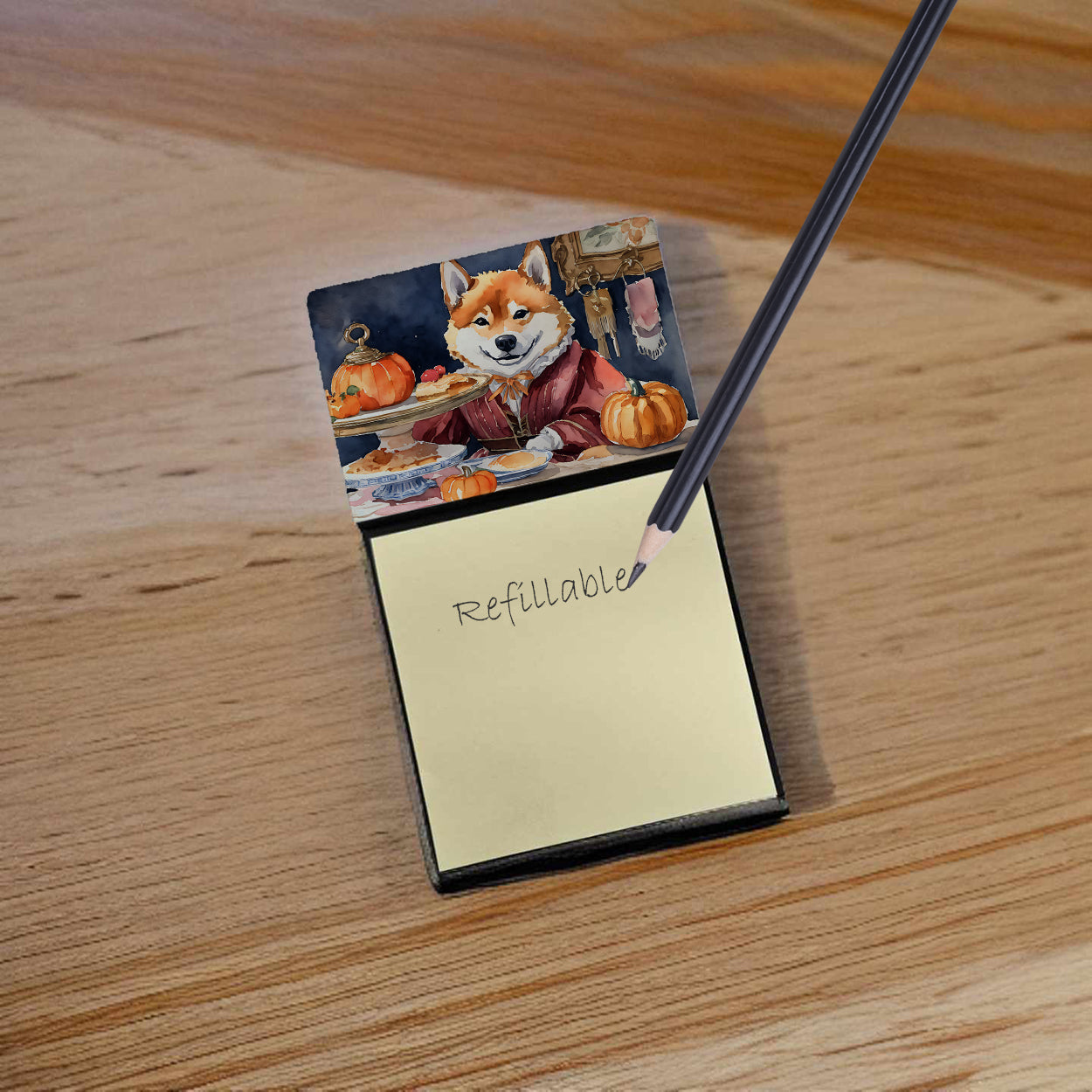Shiba Inu Fall Kitchen Pumpkins Watercolor Sticky Note Holder Refillable Dispenser Desk Accessory 3x3 Pad Gift