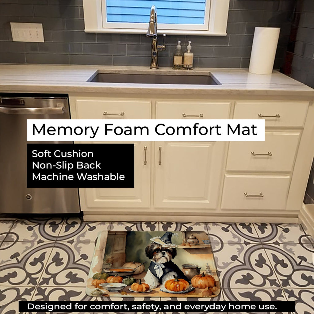 Shih Tzu Fall Kitchen Pumpkins Memory Foam Kitchen Mat Machine Washable Anti-Fatigue Cushion Comfort Bath or Kitchen Rug