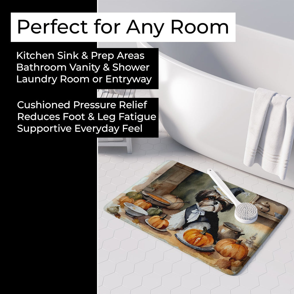Shih Tzu Fall Kitchen Pumpkins Memory Foam Kitchen Mat Machine Washable Anti-Fatigue Cushion Comfort Bath or Kitchen Rug