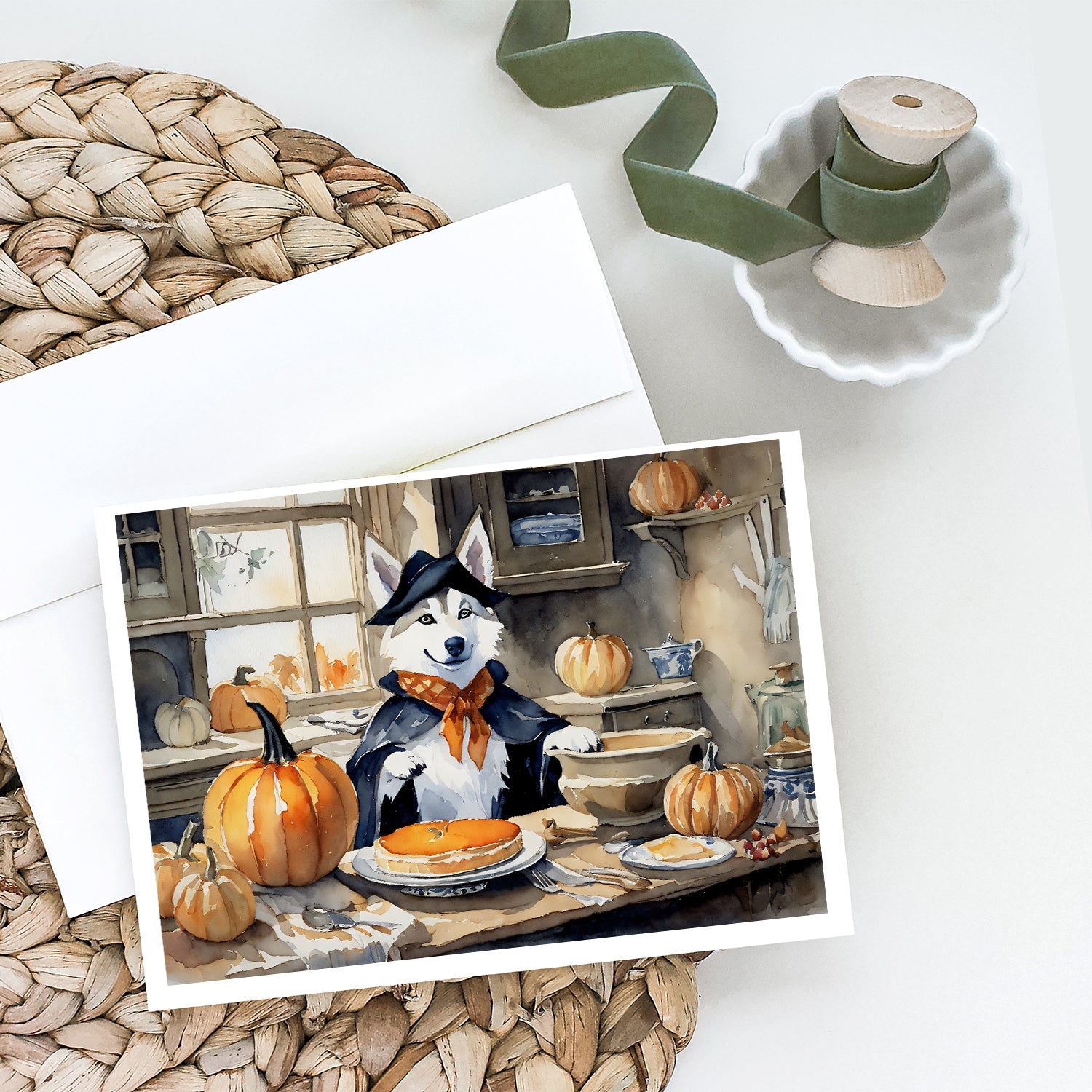 Siberian Husky Fall Kitchen Pumpkins Greeting Cards Pack of 8 Blank Cards with Envelopes Whimsical A7 Size 5x7