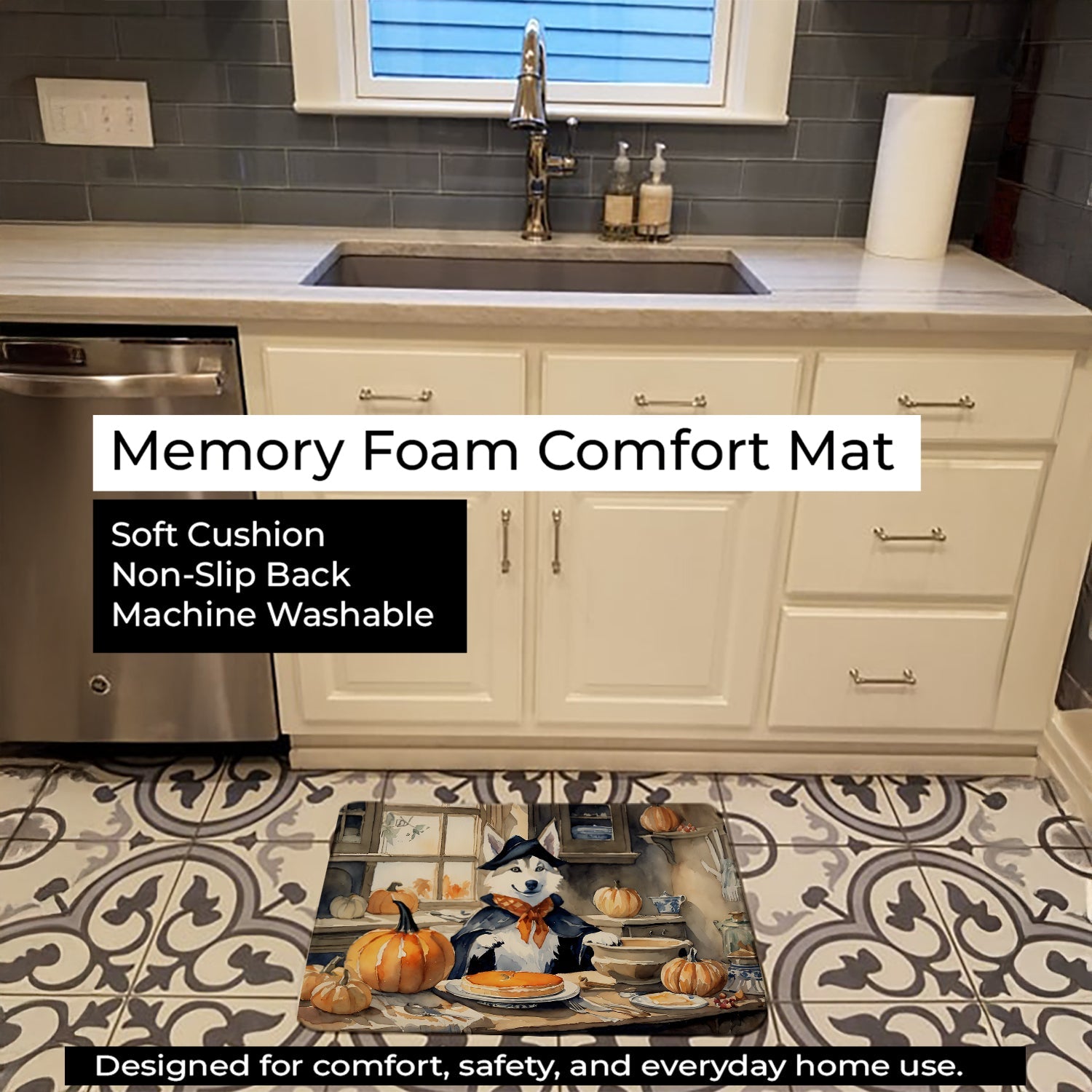 Siberian Husky Fall Kitchen Pumpkins Memory Foam Kitchen Mat Machine Washable Anti-Fatigue Cushion Comfort Bath or Kitchen Rug