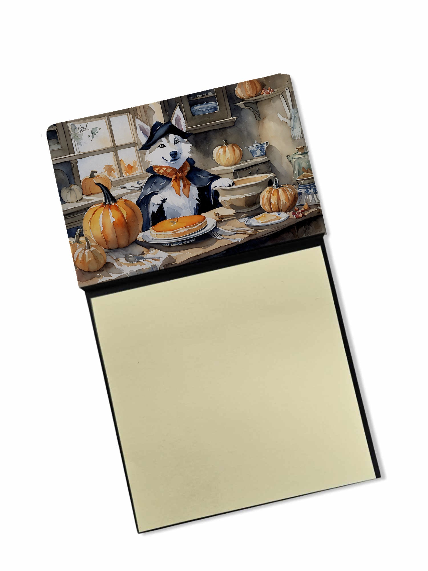Siberian Husky Fall Kitchen Pumpkins Watercolor Sticky Note Holder Refillable Dispenser Desk Accessory 3x3 Pad Gift