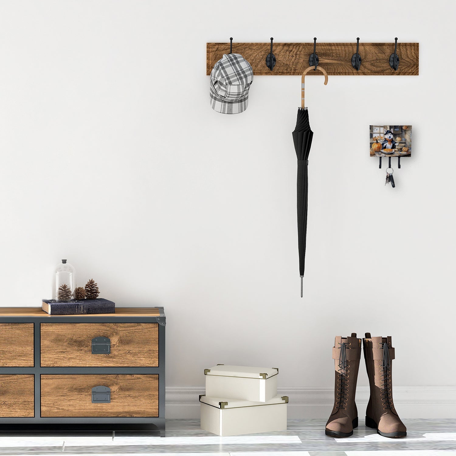 Siberian Husky Fall Kitchen Pumpkins Leash or Key Holder Wall Hooks, Coat Rack Wall Mount, for Hanging Keys, Towels, Aprons, Leashes