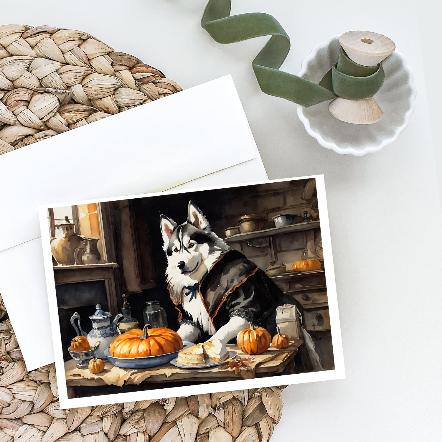 Siberian Husky Fall Kitchen Pumpkins Greeting Cards Pack of 8 Blank Cards with Envelopes Whimsical A7 Size 5x7