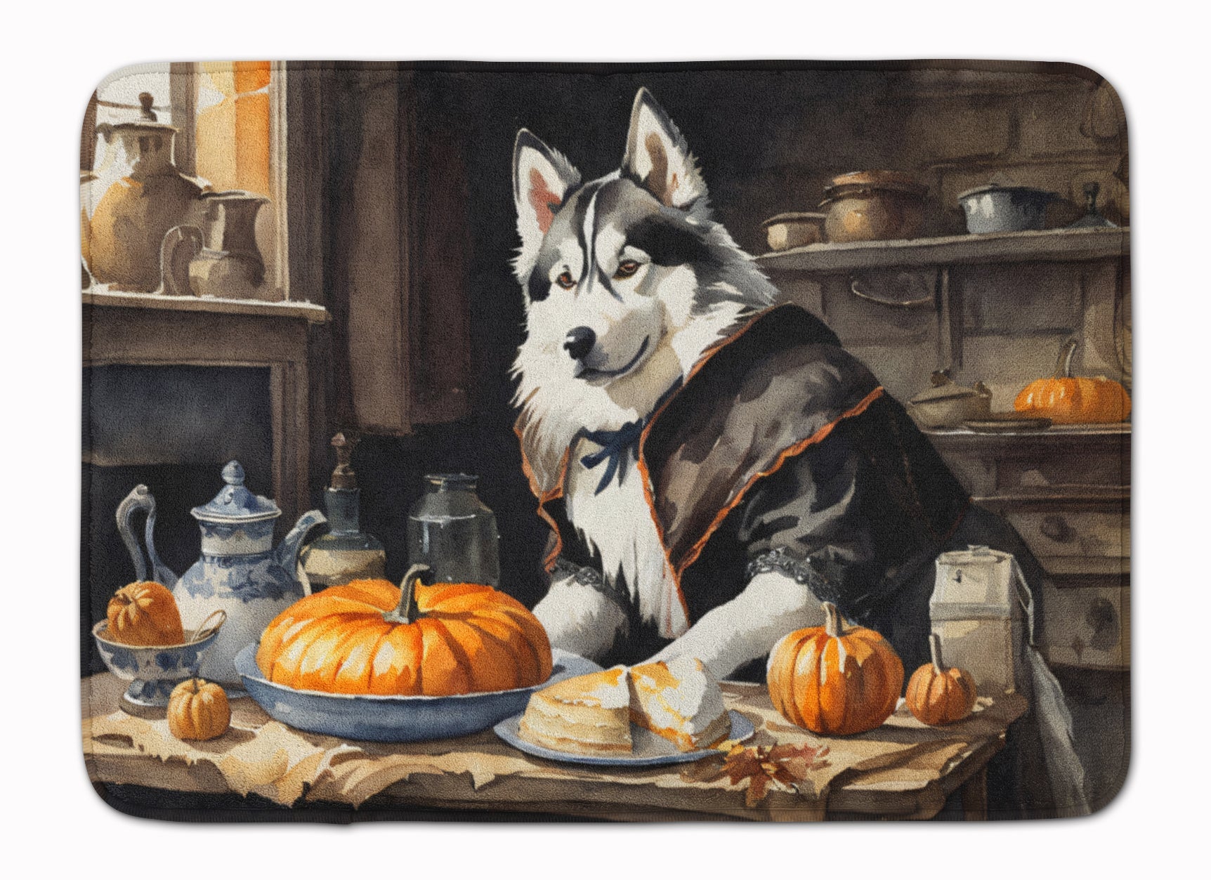 Siberian Husky Fall Kitchen Pumpkins Memory Foam Kitchen Mat Machine Washable Anti-Fatigue Cushion Comfort Bath or Kitchen Rug