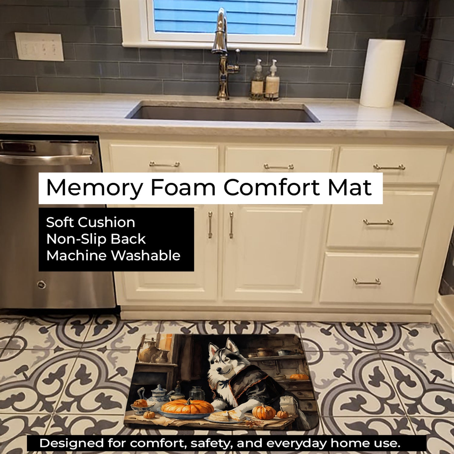 Siberian Husky Fall Kitchen Pumpkins Memory Foam Kitchen Mat Machine Washable Anti-Fatigue Cushion Comfort Bath or Kitchen Rug