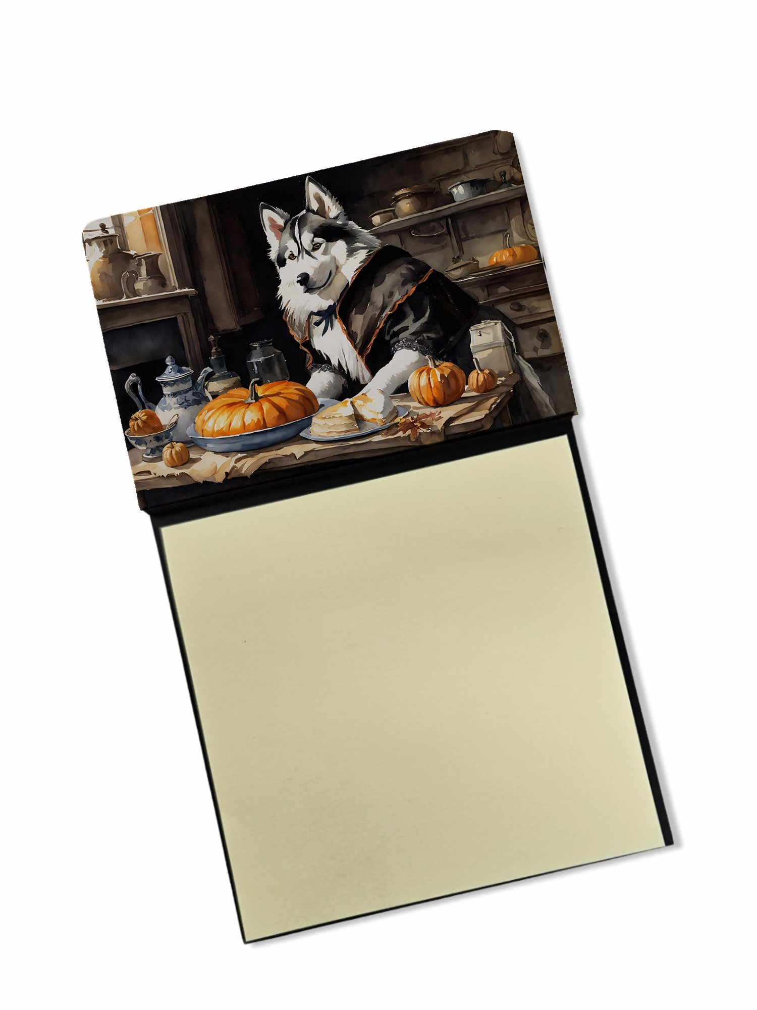 Siberian Husky Fall Kitchen Pumpkins Watercolor Sticky Note Holder Refillable Dispenser Desk Accessory 3x3 Pad Gift