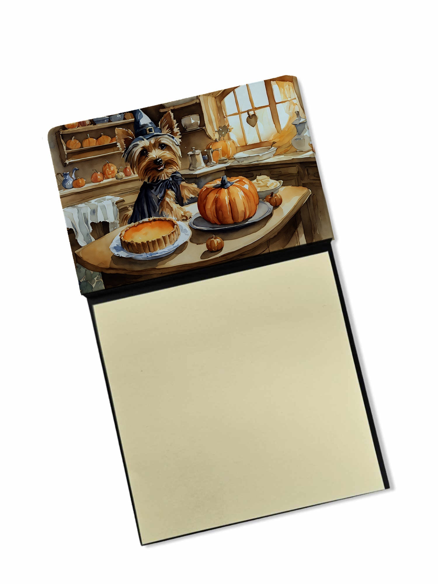 Silky Terrier Fall Kitchen Pumpkins Watercolor Sticky Note Holder Refillable Dispenser Desk Accessory 3x3 Pad Gift