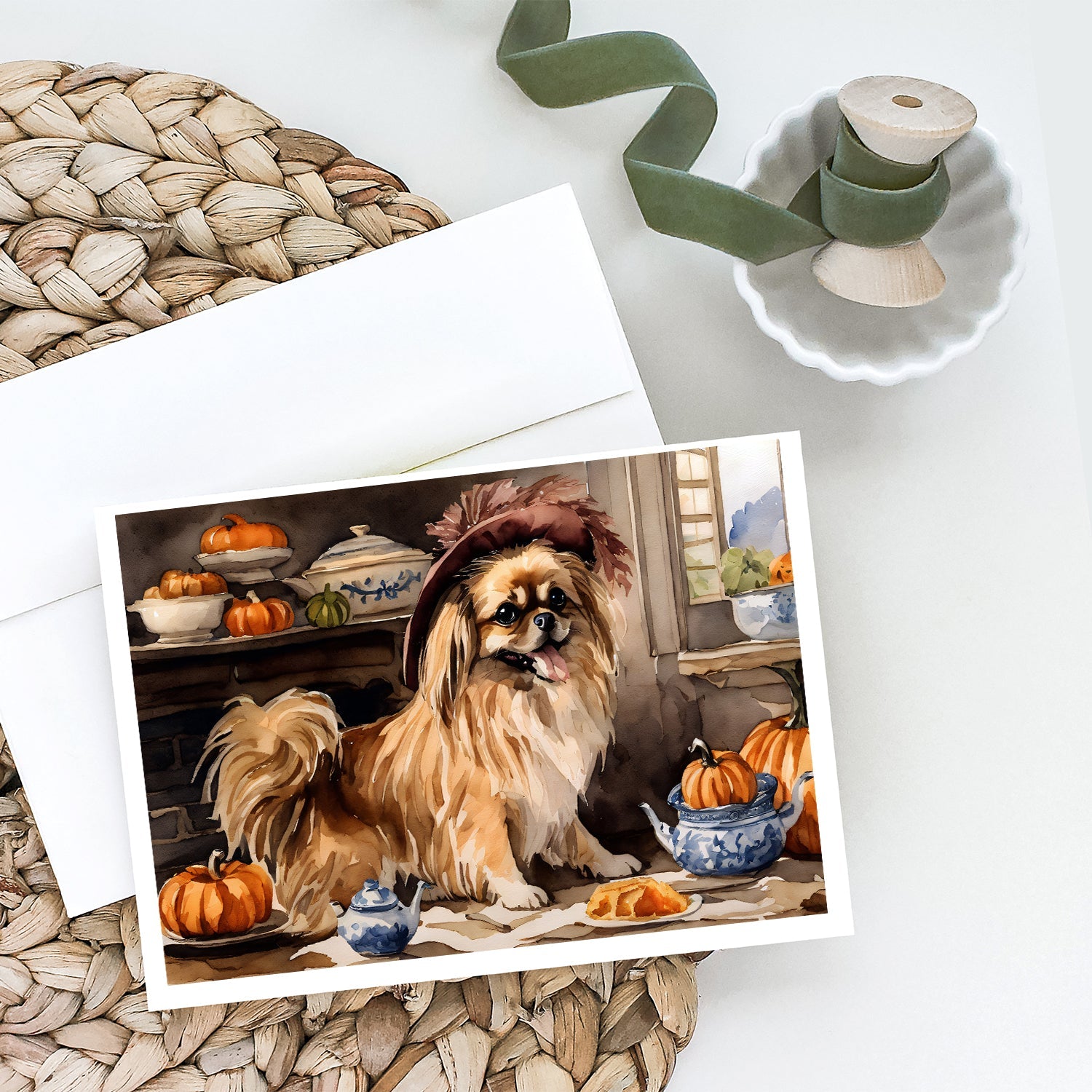 Tibetan Spaniel Fall Kitchen Pumpkins Greeting Cards Pack of 8 Blank Cards with Envelopes Whimsical A7 Size 5x7