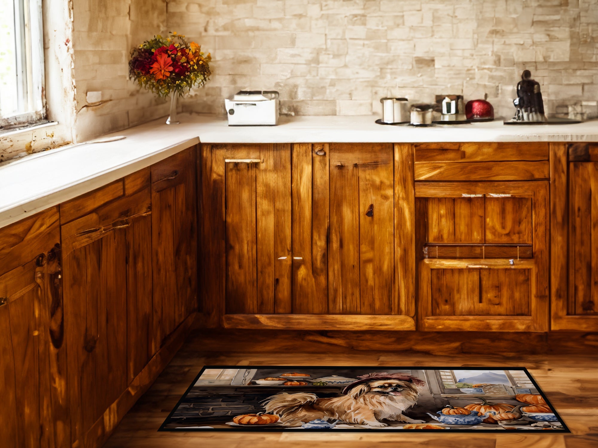 Tibetan Spaniel Fall Kitchen Pumpkins Runner Mat 28x58 Front Door Mat Indoor Outdoor Rugs for Entryway Hallway Foyer Non Slip Washable Wide Doormat