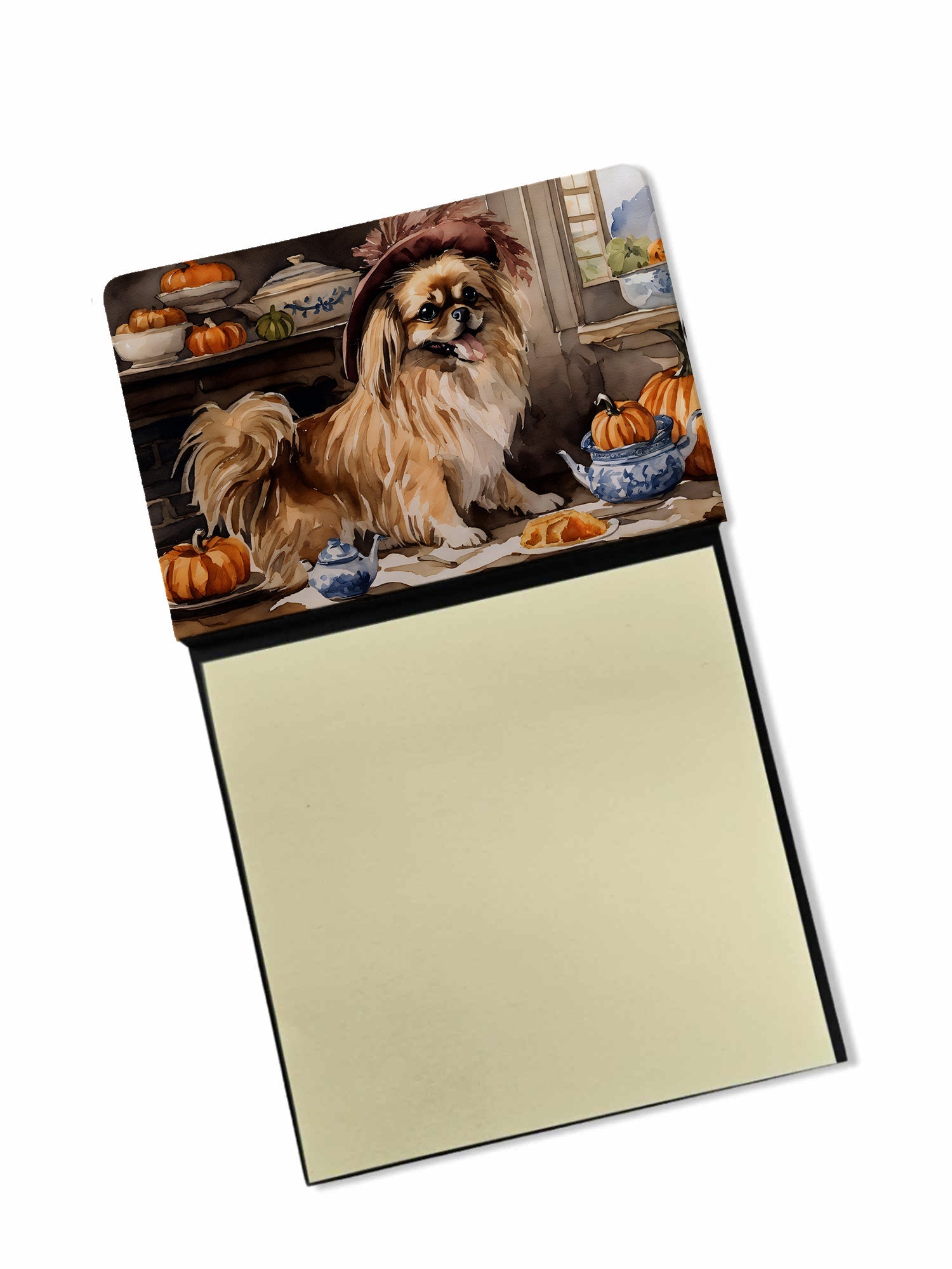 Tibetan Spaniel Fall Kitchen Pumpkins Watercolor Sticky Note Holder Refillable Dispenser Desk Accessory 3x3 Pad Gift