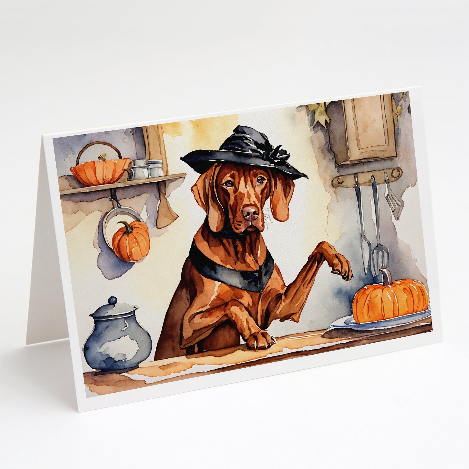Vizsla Fall Kitchen Pumpkins Greeting Cards Pack of 8 Blank Cards with Envelopes Whimsical A7 Size 5x7