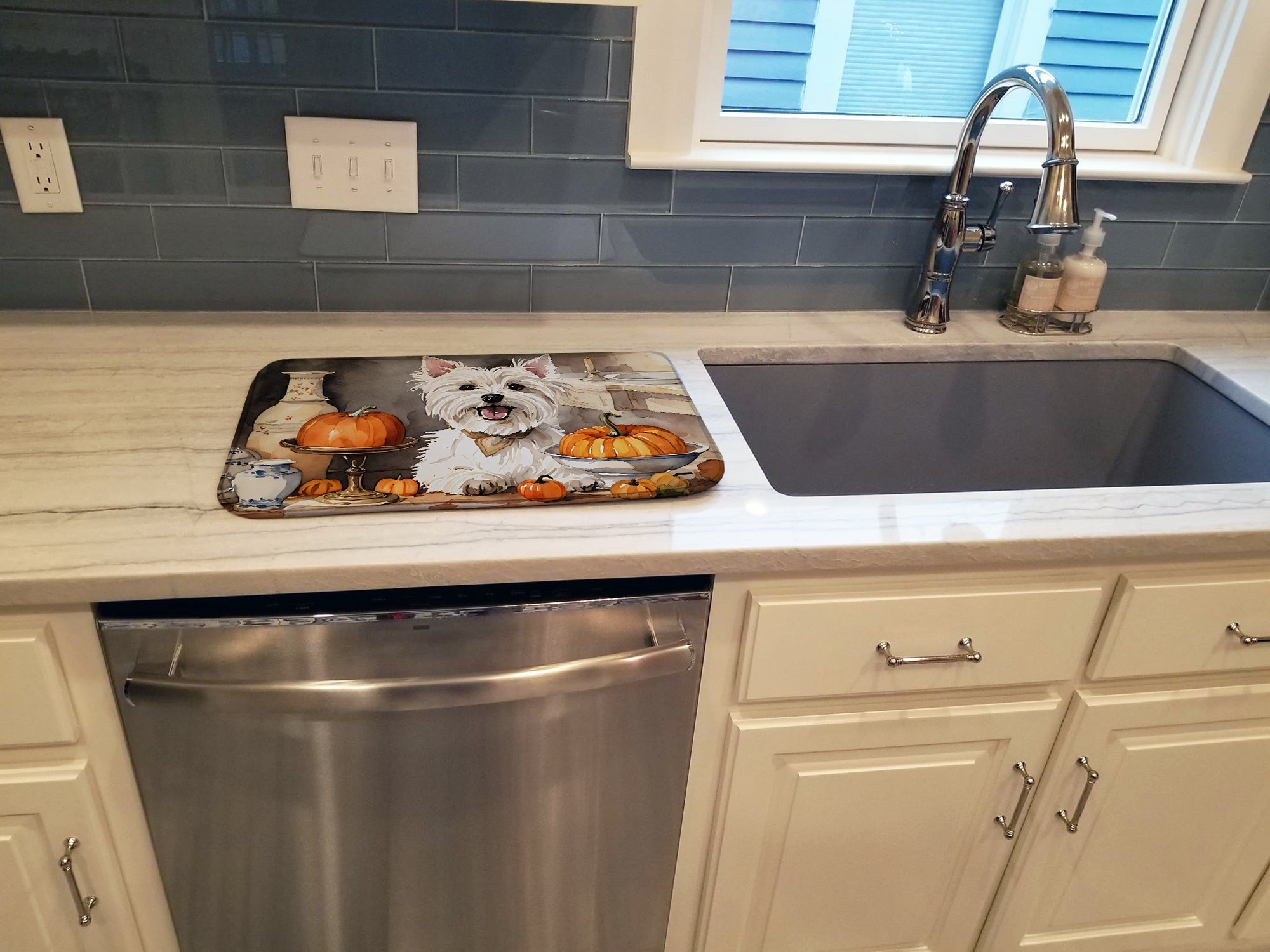 Westie Fall Kitchen Pumpkins Dish Drying Mat Absorbent Dish Drying Mat Pad for Kitchen Counter Dish Drainer Mat for Countertop, 14 x 21", Multicolor